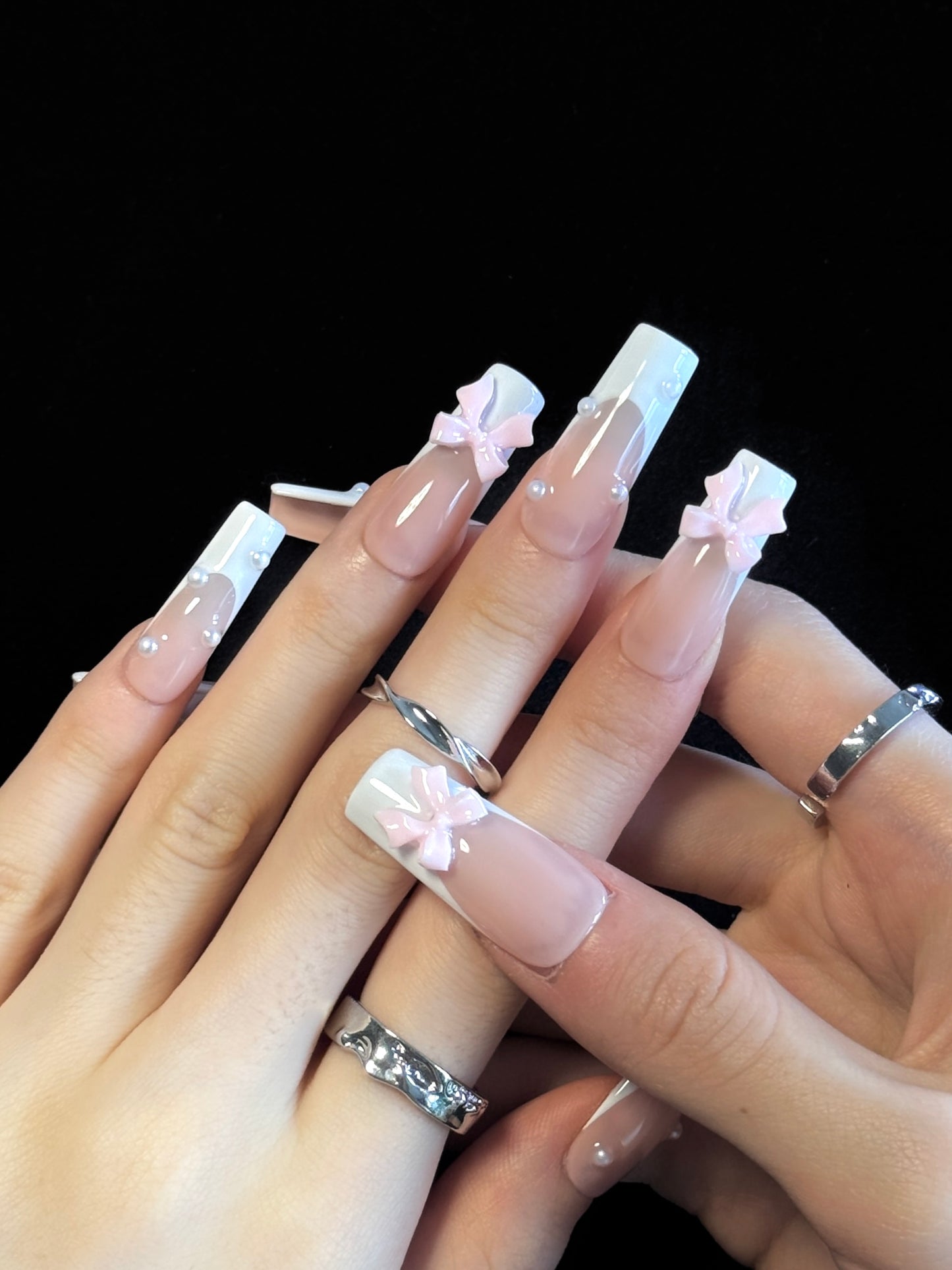 Lulou Sweet Bow French Elegant long square False Nails Pink & White 10PCS REUSABLE Handmade Acrylic Press On Nails Cute Design Trend 2025
