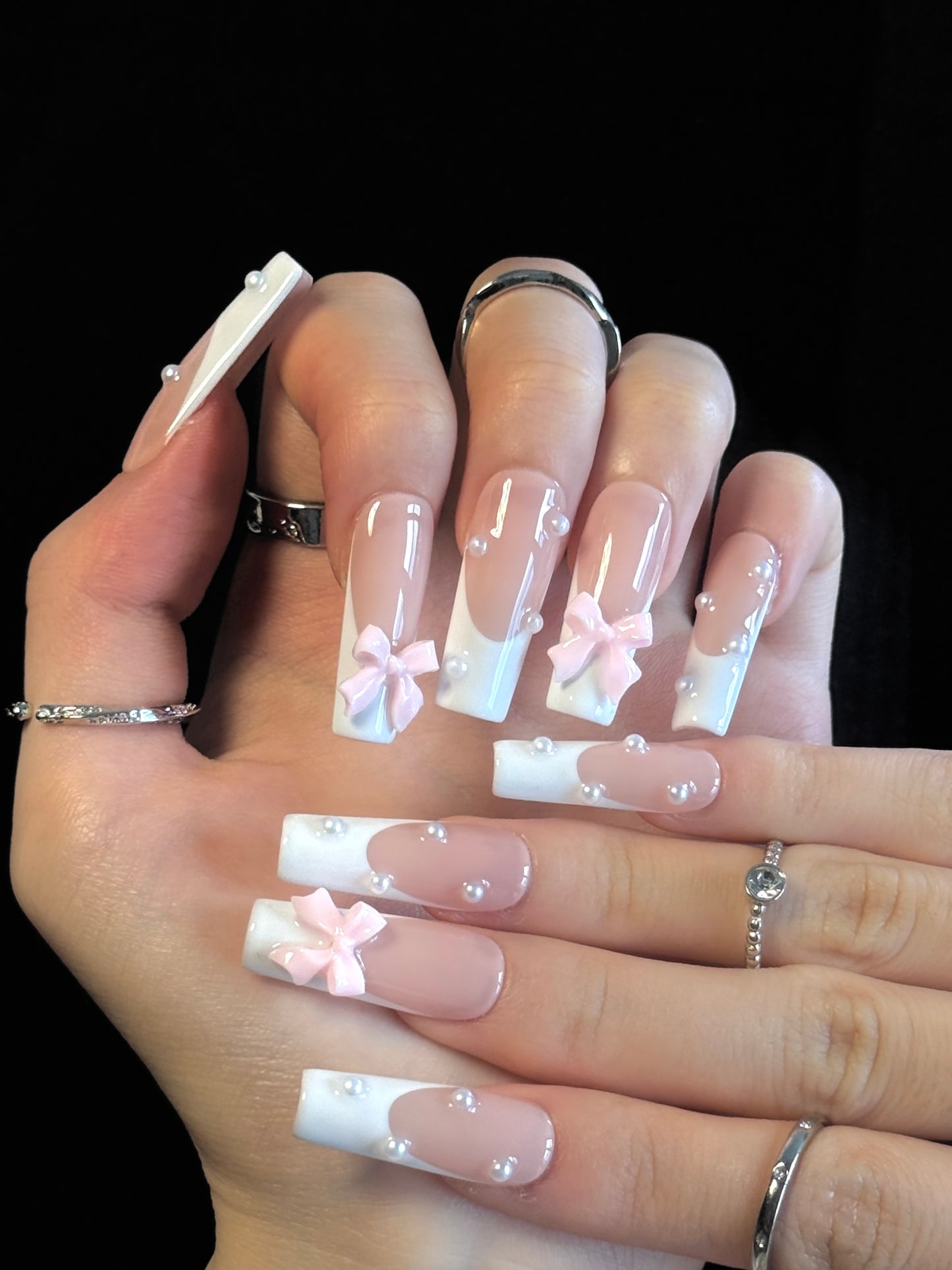 Lulou Sweet Bow French Elegant long square False Nails Pink & White 10PCS REUSABLE Handmade Acrylic Press On Nails Cute Design Trend 2025