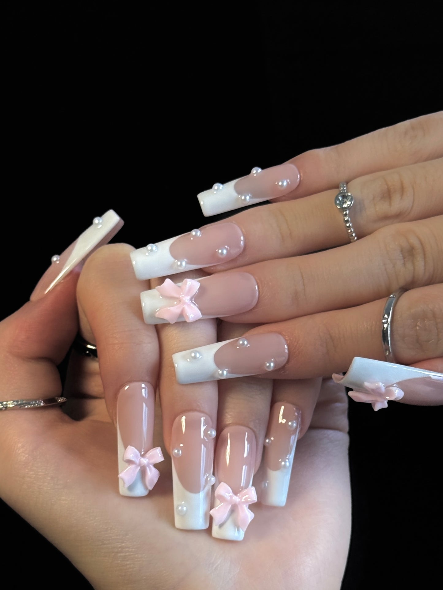 Lulou Sweet Bow French Elegant long square False Nails Pink & White 10PCS REUSABLE Handmade Acrylic Press On Nails Cute Design Trend 2025
