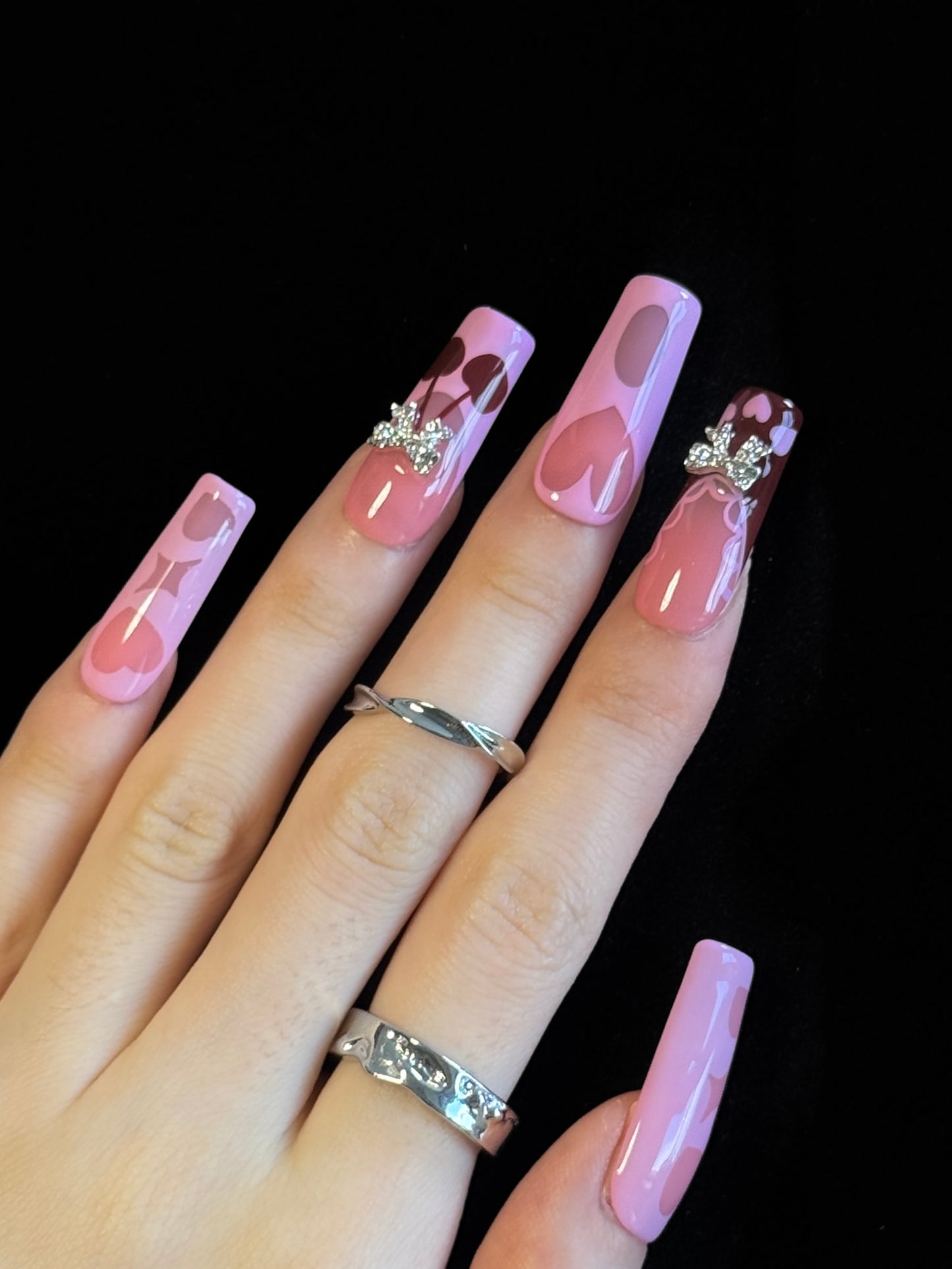Lulou Bubble Pink Love Long Square Press On Nails Blush Hearts Handmade Acrylic 10PCS Trend 2025