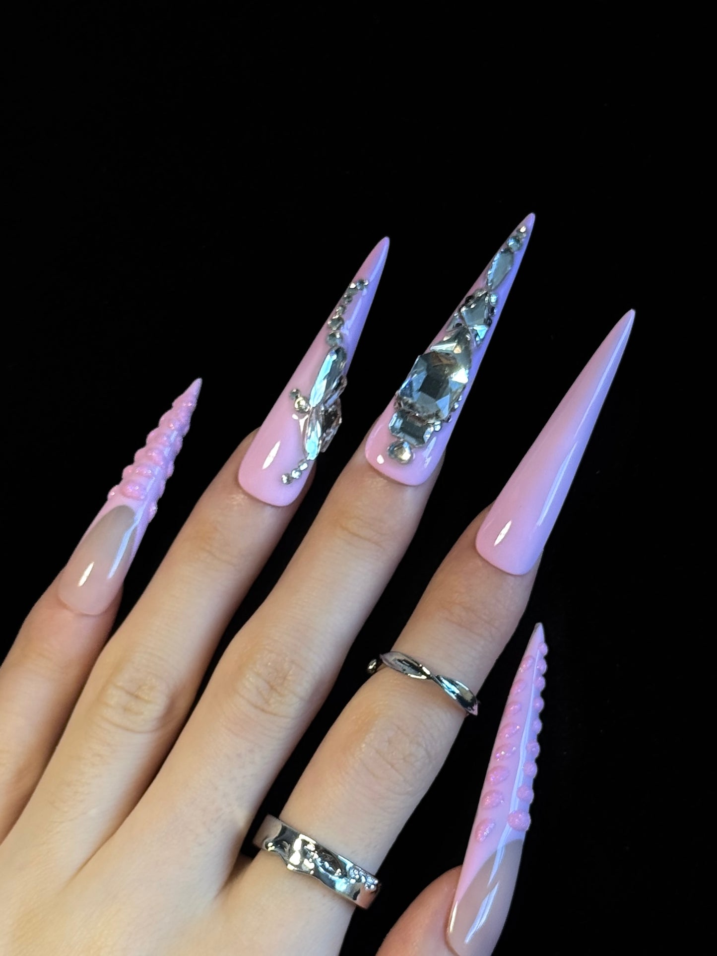 Lulou Candy Queen Crystal Long Stiletto Nails Glitter Pink Rhinestone Handmade Acrylic 10PCS Trend 2025