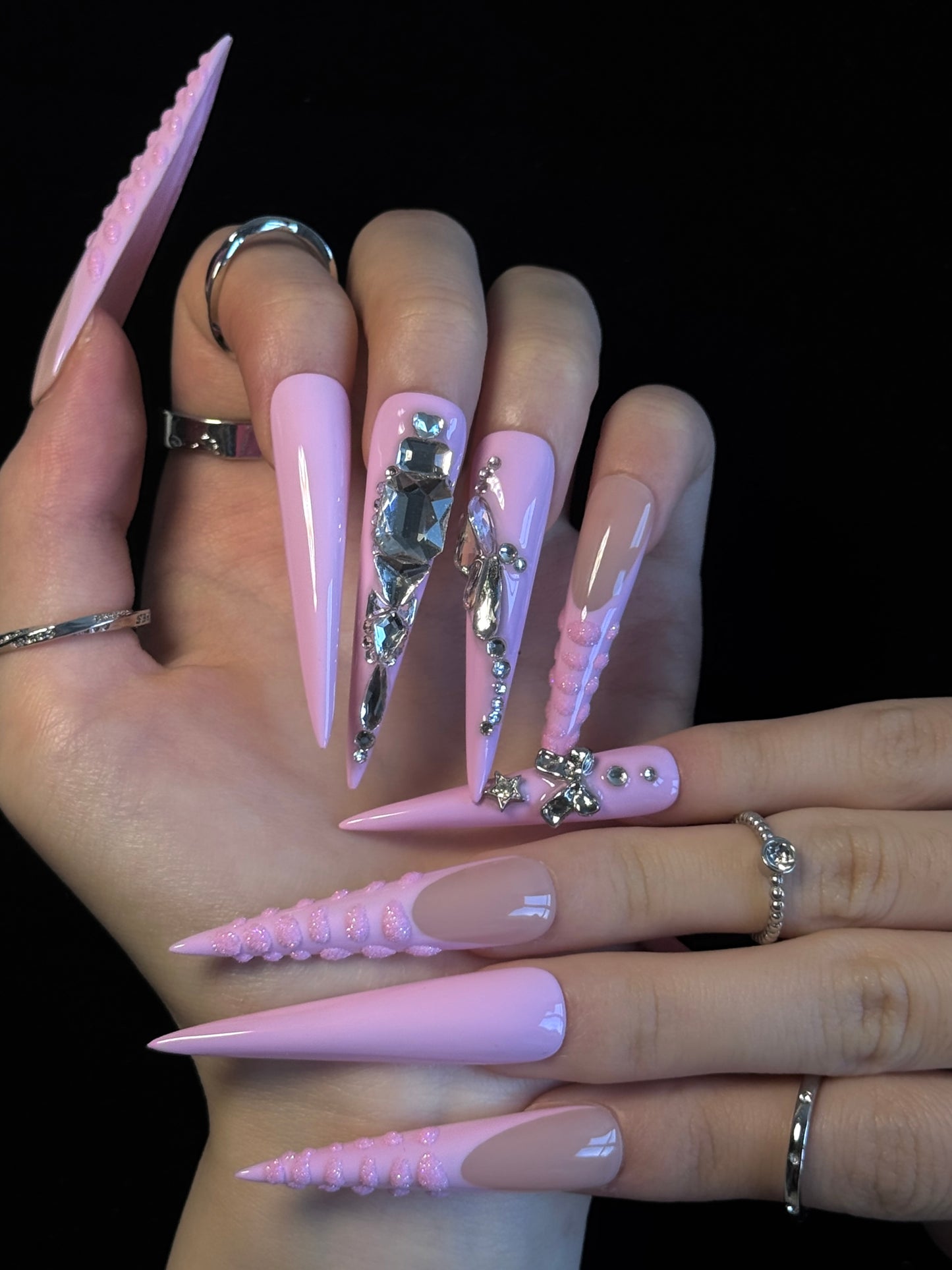Lulou Candy Queen Crystal Long Stiletto Nails Glitter Pink Rhinestone Handmade Acrylic 10PCS Trend 2025