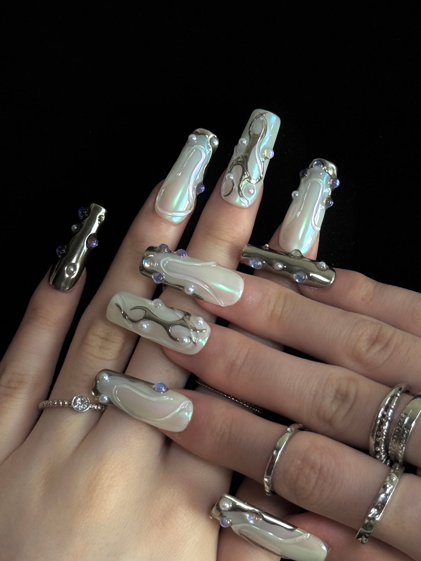 Lulou Silver Storm Party Long Square Press on Nails White Blue Silver Glitter 10PCS REUSABLE Handmade Acrylic Fake Nails Glamorous Trend 2025
