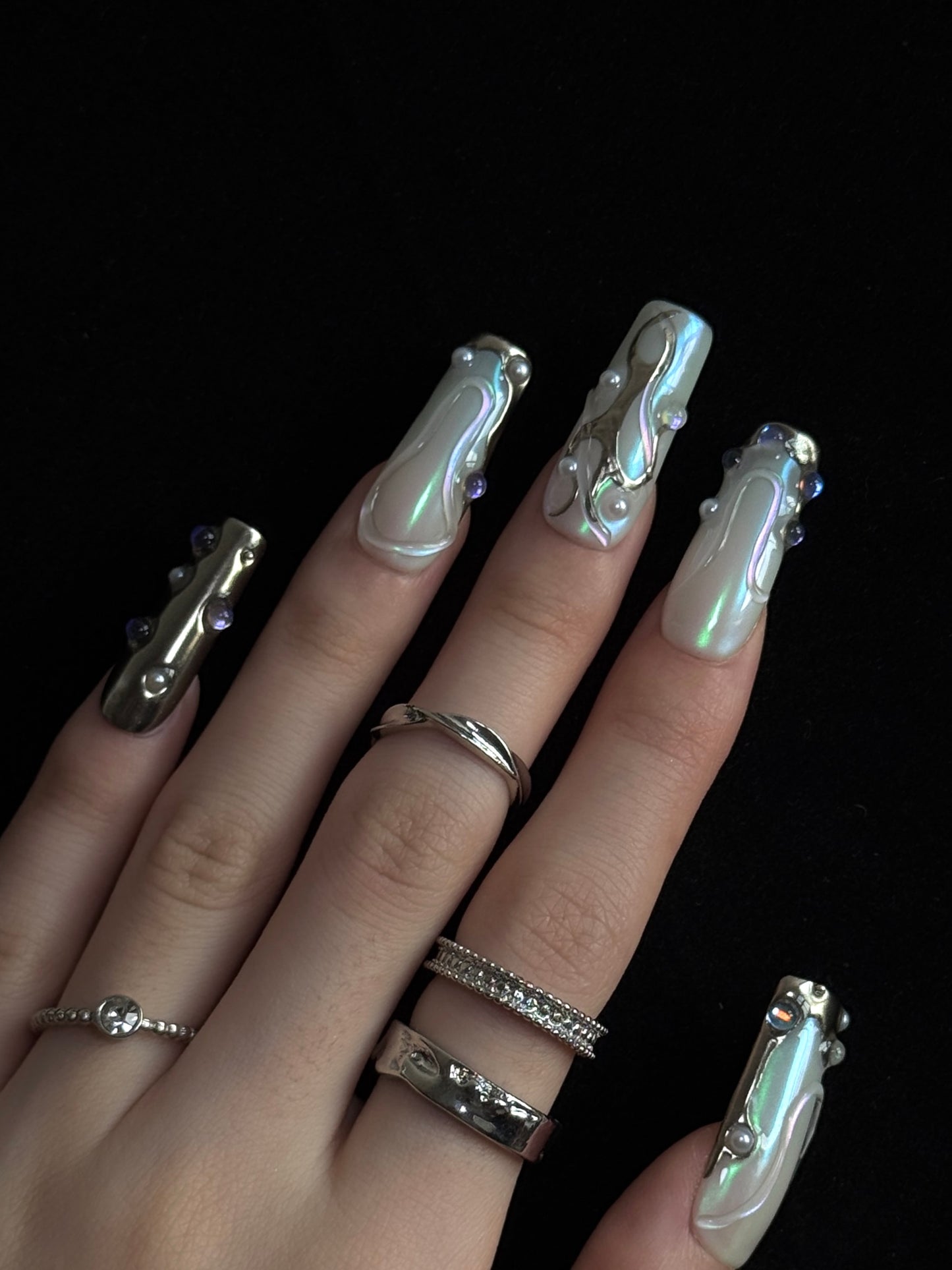 Lulou Silver Storm Party Long Square Press on Nails White Blue Silver Glitter 10PCS REUSABLE Handmade Acrylic Fake Nails Glamorous Trend 2025