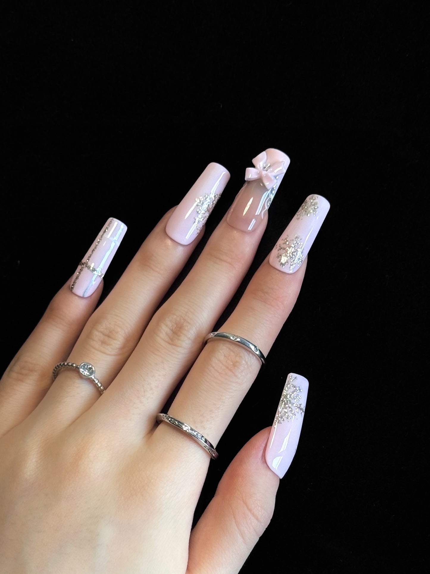 Lulou Blush Bow Ballerina Press on Nails Pink Glitter Bows 10PCS REUSABLE Handmade Acrylic Fake Nails 3D Charm Trend 2025