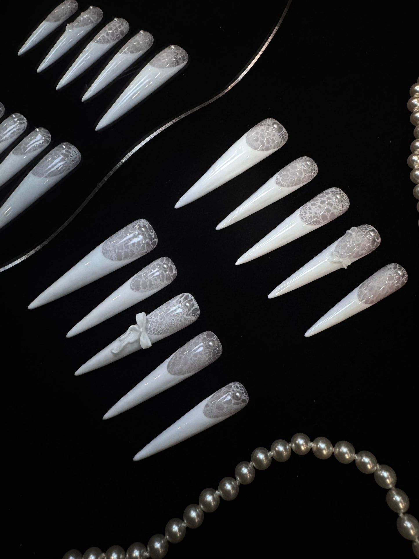 Lulou Balletcore Lace Long Stiletto Fake Nails White 10PCS REUSABLE Handmade Acrylic Press On Nails Elegant 3D Design Trend 2025