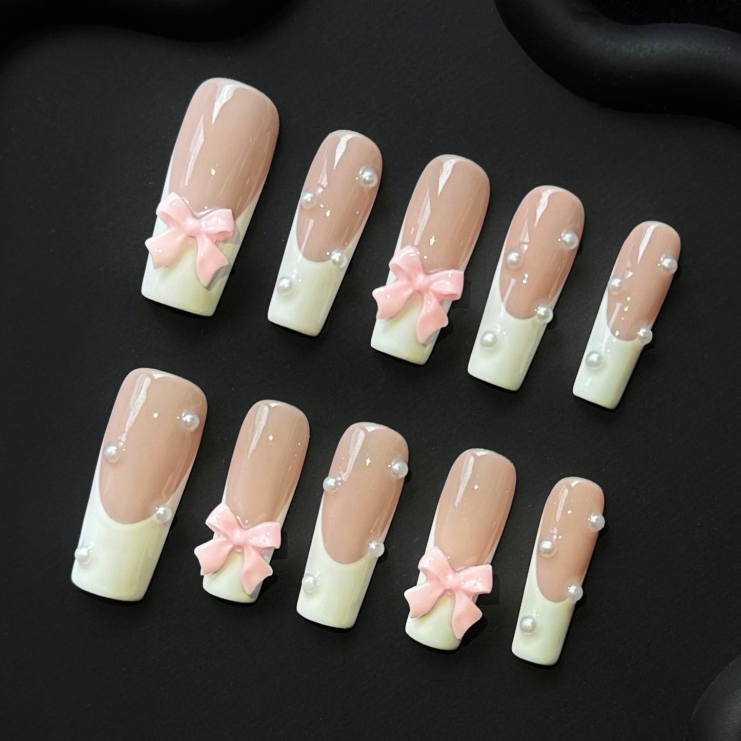 Lulou Sweet Bow French Elegant long square False Nails Pink & White 10PCS REUSABLE Handmade Acrylic Press On Nails Cute Design Trend 2025