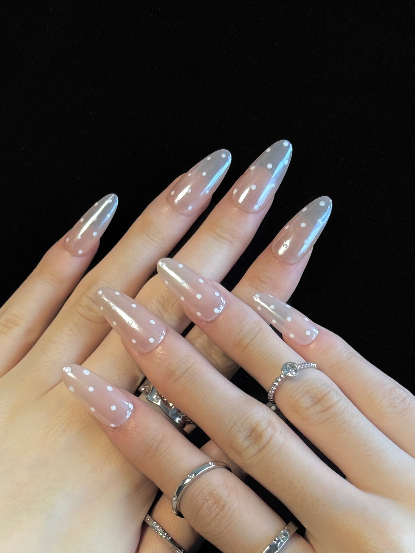 Lulou Pearl Polka Almond Press on Nails Nude 10PCS REUSABLE Handmade Acrylic Fake Nails with Glitter Dots Trend 2025