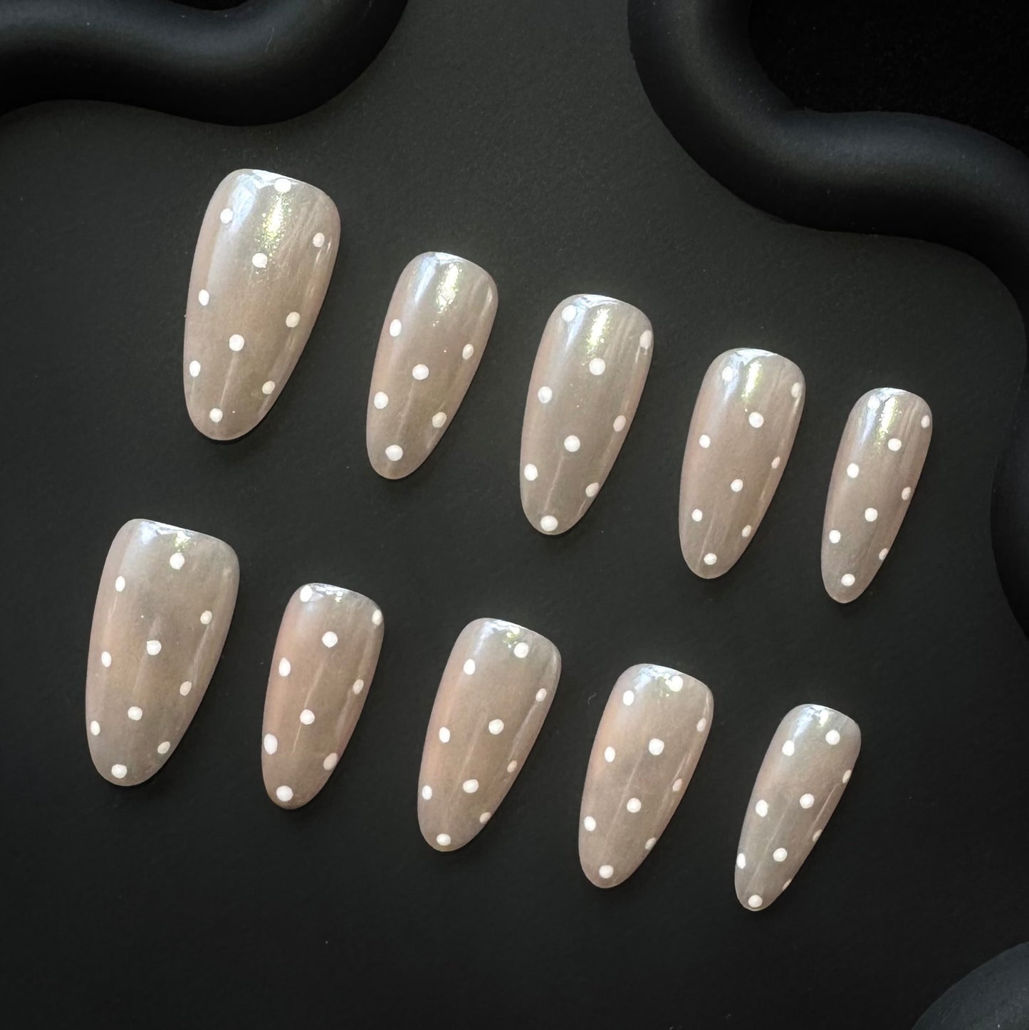 Lulou Pearl Polka Almond Press on Nails Nude 10PCS REUSABLE Handmade Acrylic Fake Nails with Glitter Dots Trend 2025