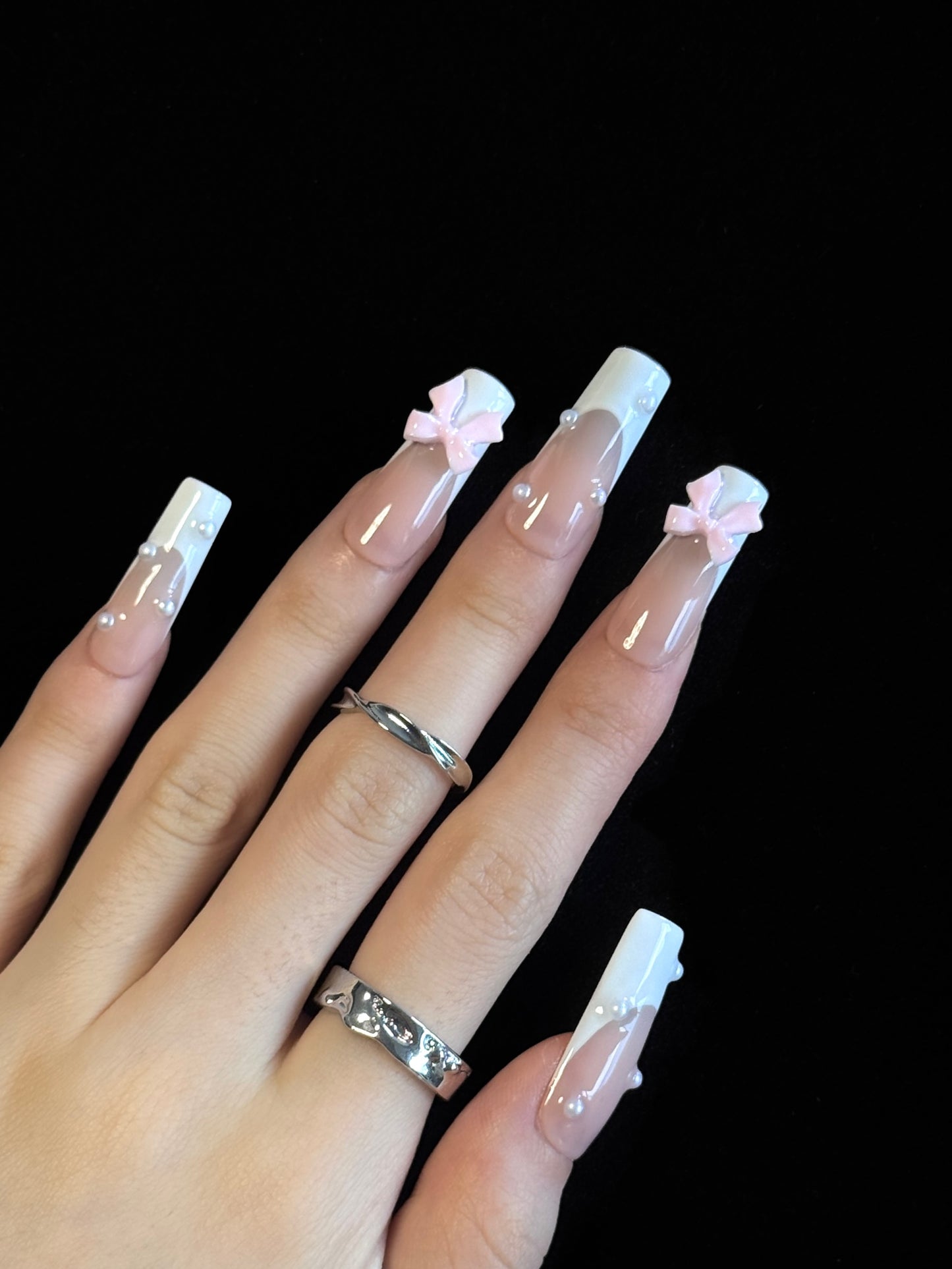 Lulou Sweet Bow French Elegant long square False Nails Pink & White 10PCS REUSABLE Handmade Acrylic Press On Nails Cute Design Trend 2025