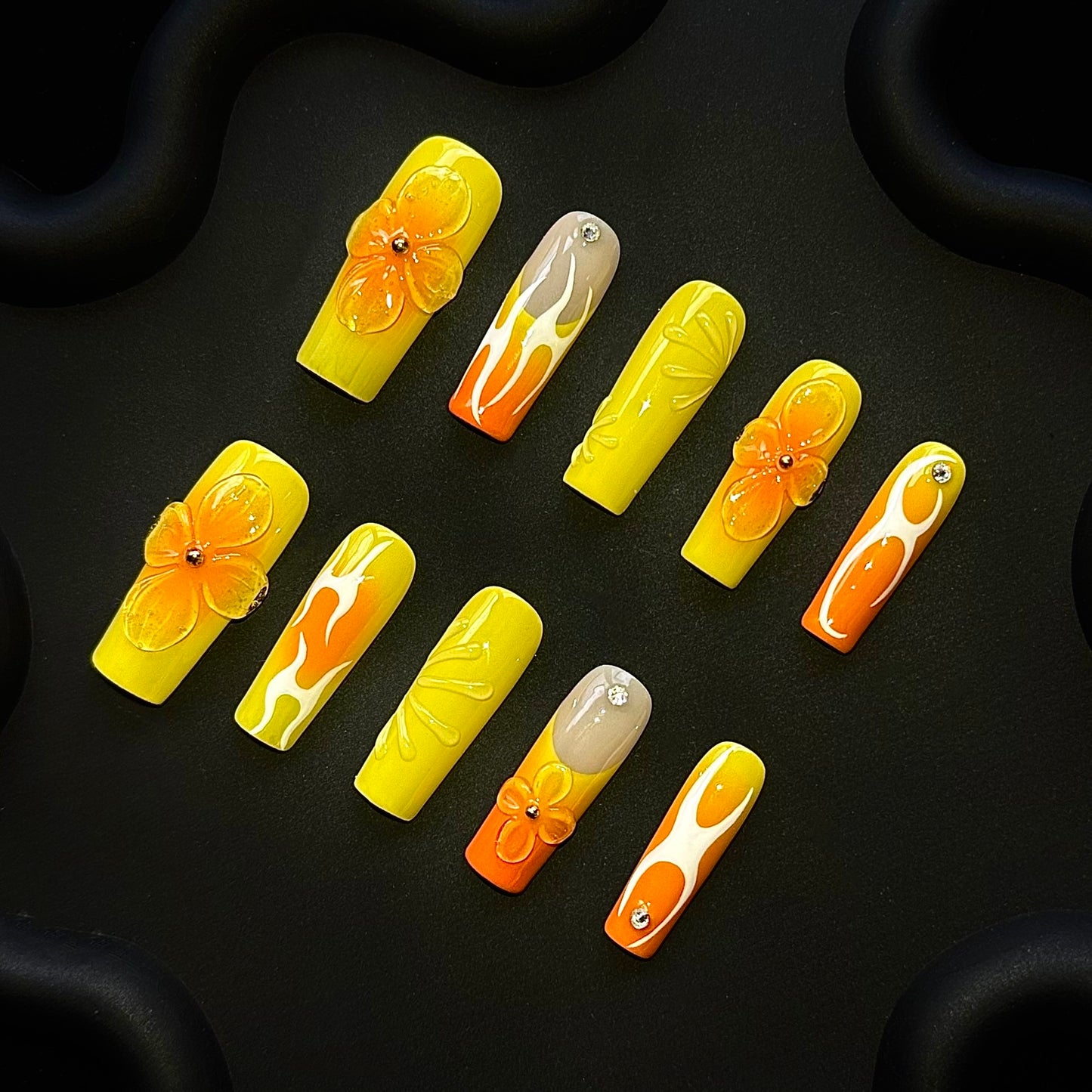 Lulou Lemon Pop Vacation Long Square Nails Sunny Orange Handmade Acrylic 10PCS Trend 2025