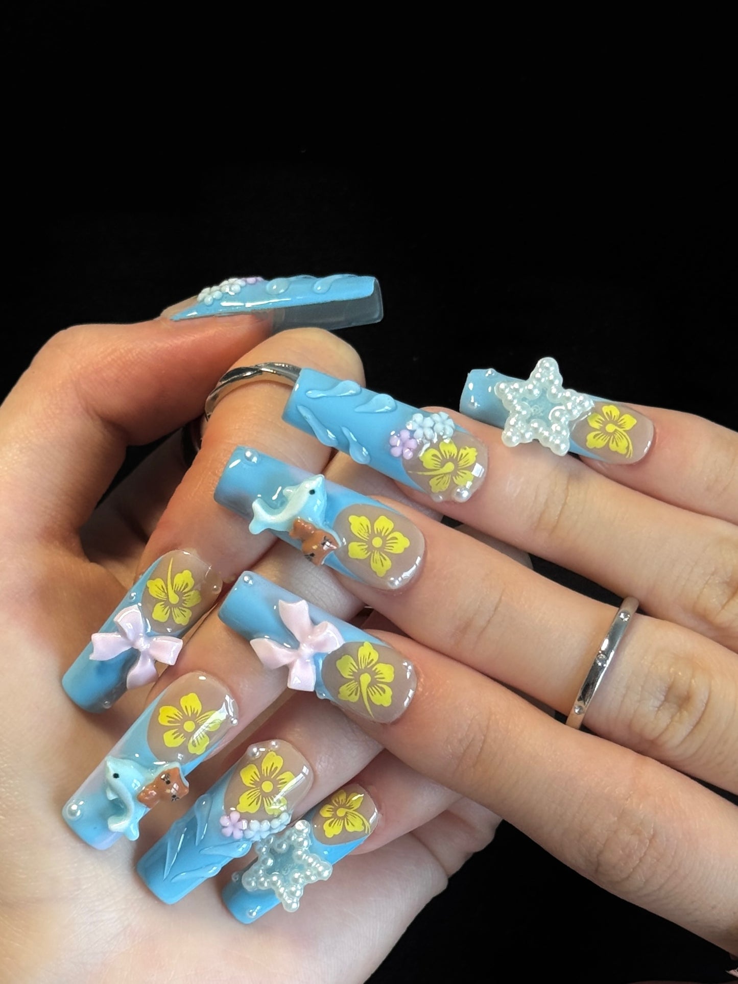 Lulou Blue Bloom Vacation Long Square Nails Azure Pink Handmade Acrylic 10PCS Trend 2025