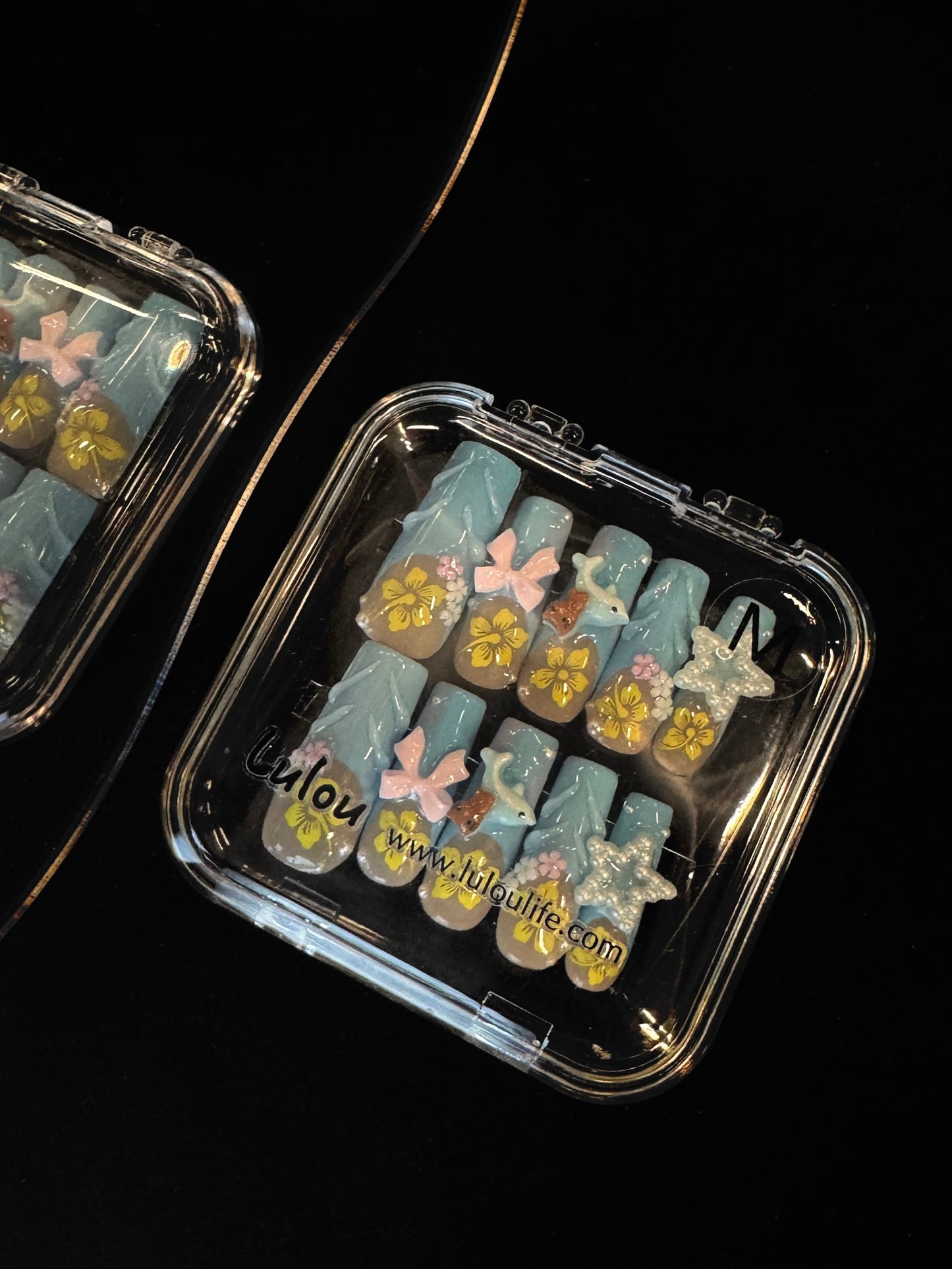 Lulou Blue Bloom Vacation Long Square Nails Azure Pink Handmade Acrylic 10PCS Trend 2025