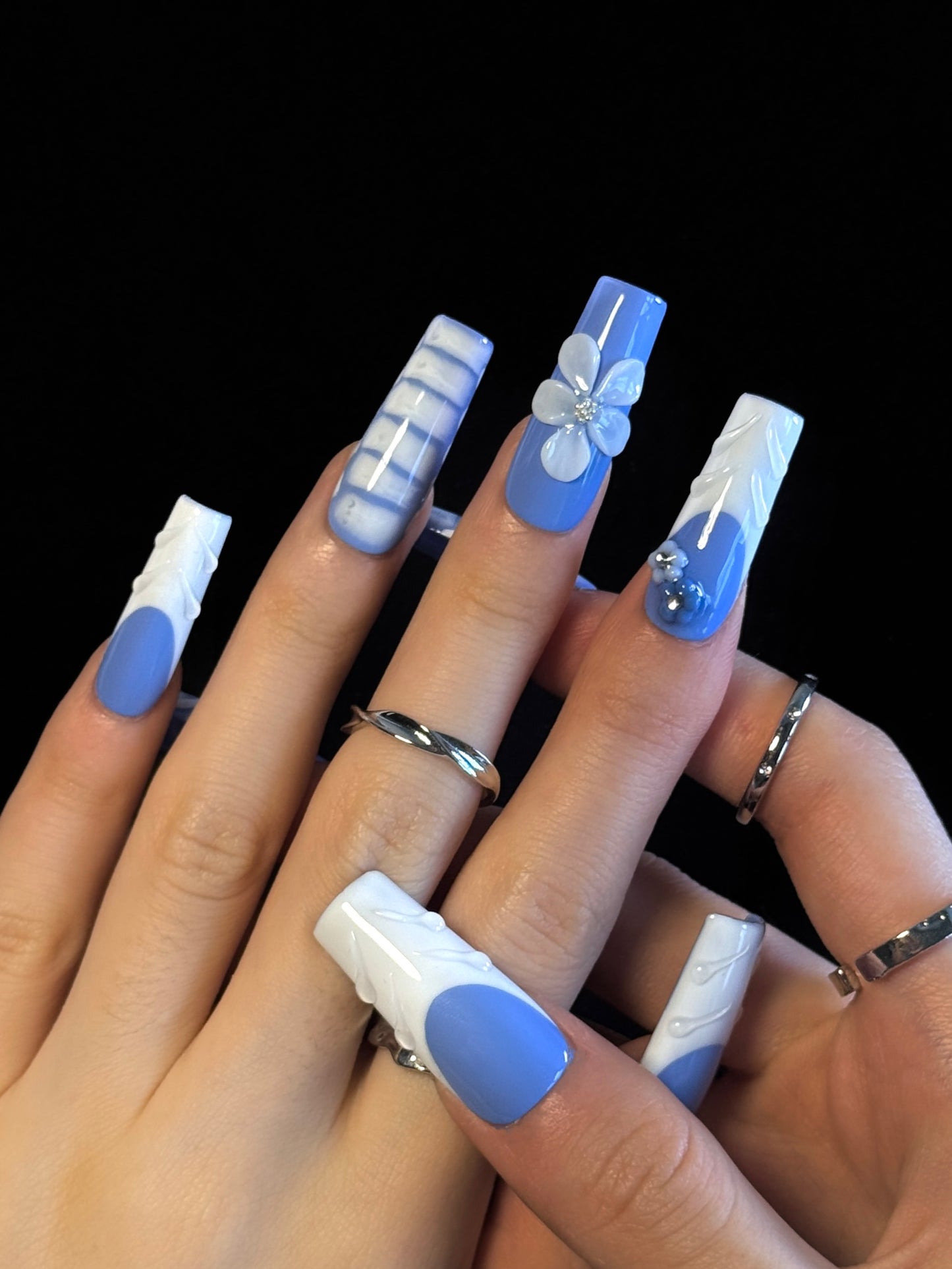 Lulou Cloudy Sky Vacation Long Square Nails Powder Blue White Handmade Acrylic 10PCS Trend 2025