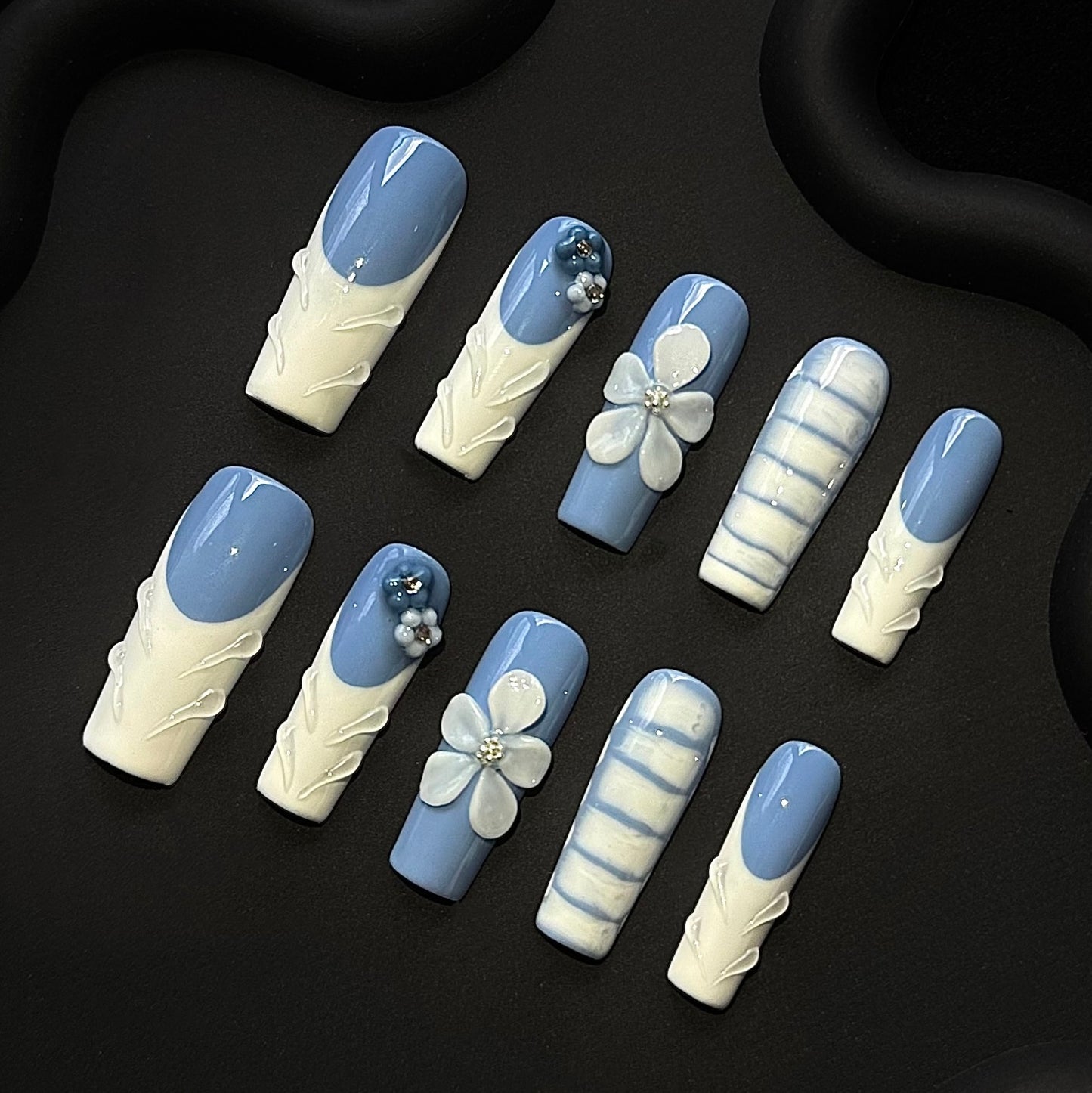 Lulou Cloudy Sky Vacation Long Square Nails Powder Blue White Handmade Acrylic 10PCS Trend 2025