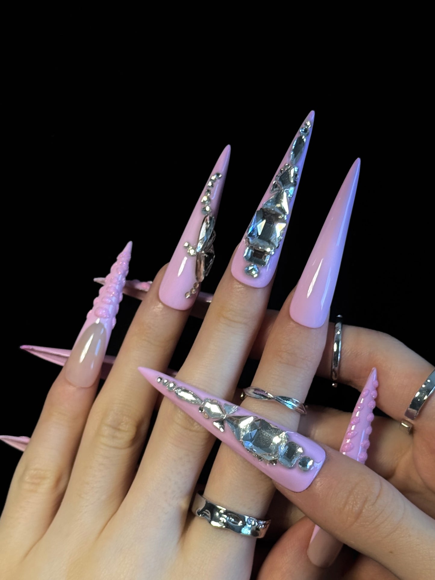 Lulou Candy Queen Crystal Long Stiletto Nails Glitter Pink Rhinestone Handmade Acrylic 10PCS Trend 2025