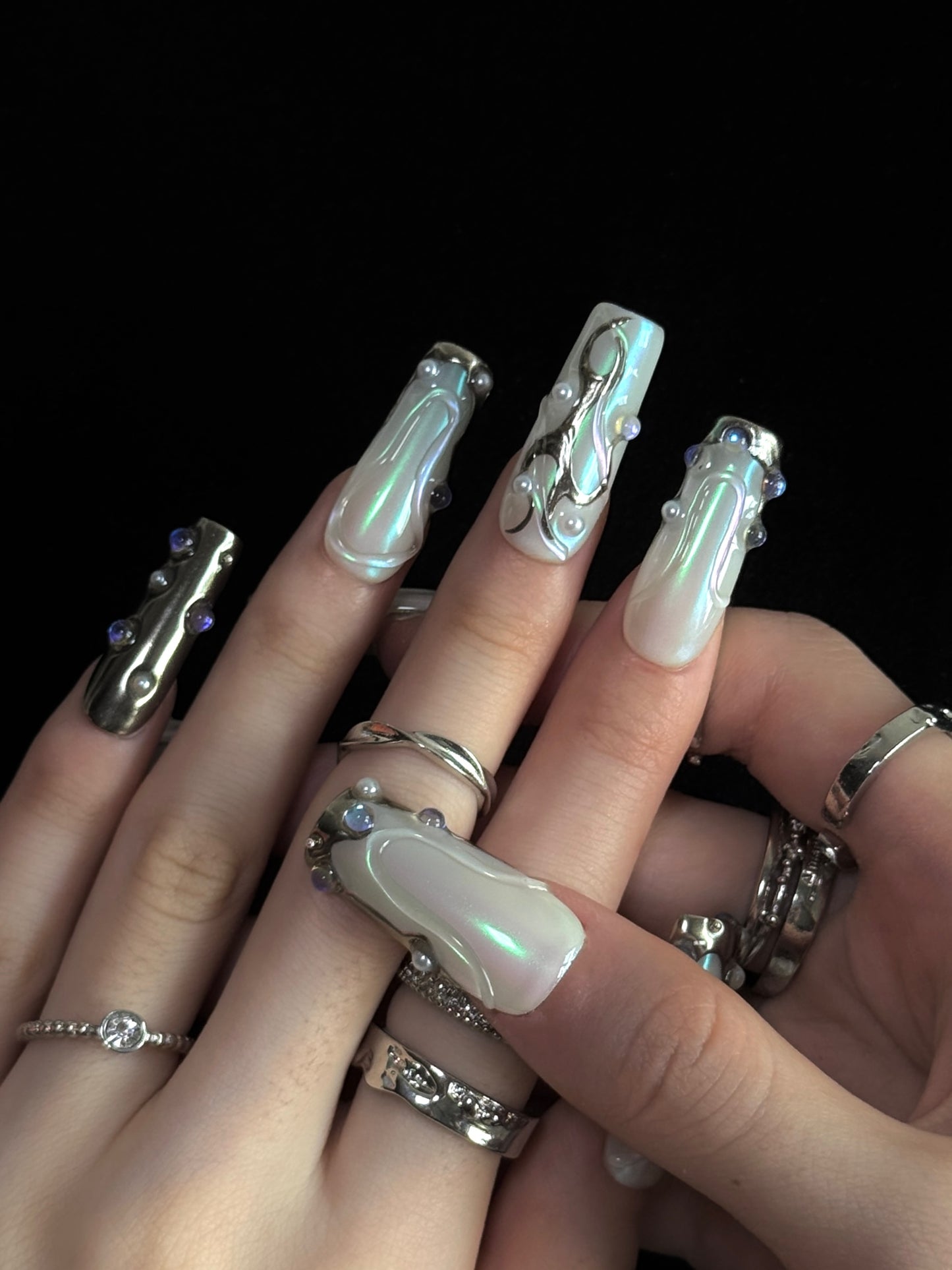 Lulou Silver Storm Party Long Square Press on Nails White Blue Silver Glitter 10PCS REUSABLE Handmade Acrylic Fake Nails Glamorous Trend 2025