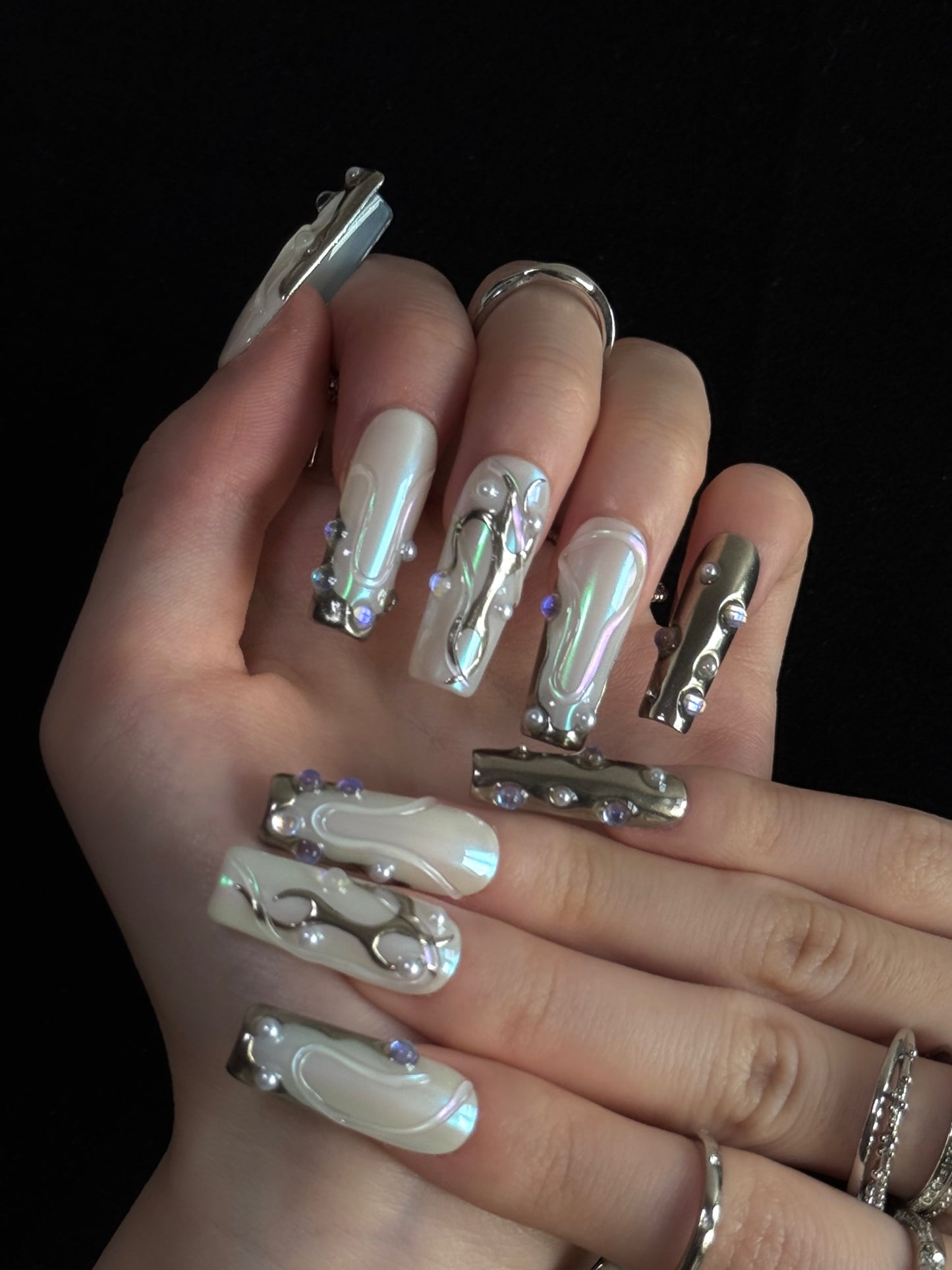 Lulou Silver Storm Party Long Square Press on Nails White Blue Silver Glitter 10PCS REUSABLE Handmade Acrylic Fake Nails Glamorous Trend 2025