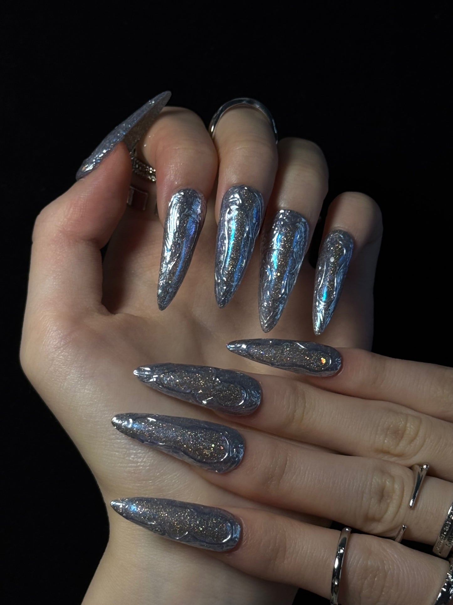 Lulou Ice Night Party Long Almond Press on Nails Silver Purple 3D Floral 10PCS REUSABLE Handmade Acrylic Fake Nails Shimmering Trend 2025