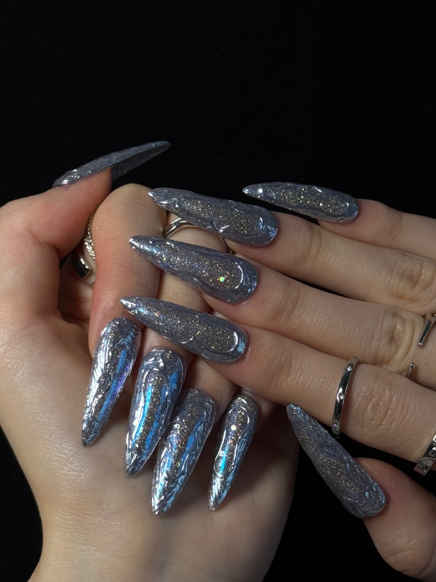 Lulou Ice Night Party Long Almond Press on Nails Silver Purple 3D Floral 10PCS REUSABLE Handmade Acrylic Fake Nails Shimmering Trend 2025