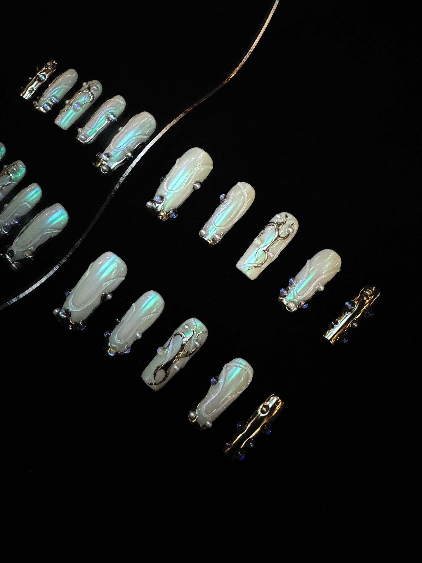 Lulou Silver Storm Party Long Square Press on Nails White Blue Silver Glitter 10PCS REUSABLE Handmade Acrylic Fake Nails Glamorous Trend 2025