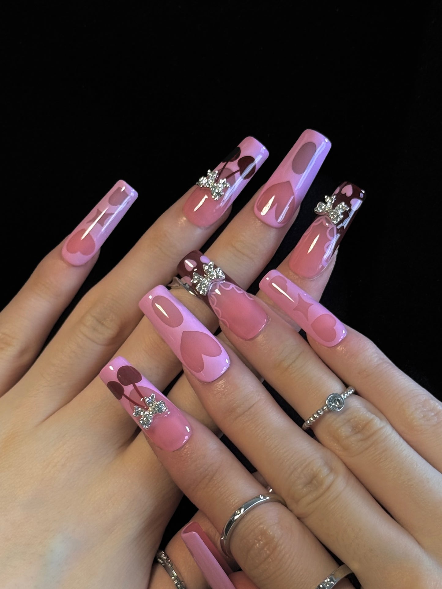 Lulou Bubble Pink Love Long Square Press On Nails Blush Hearts Handmade Acrylic 10PCS Trend 2025