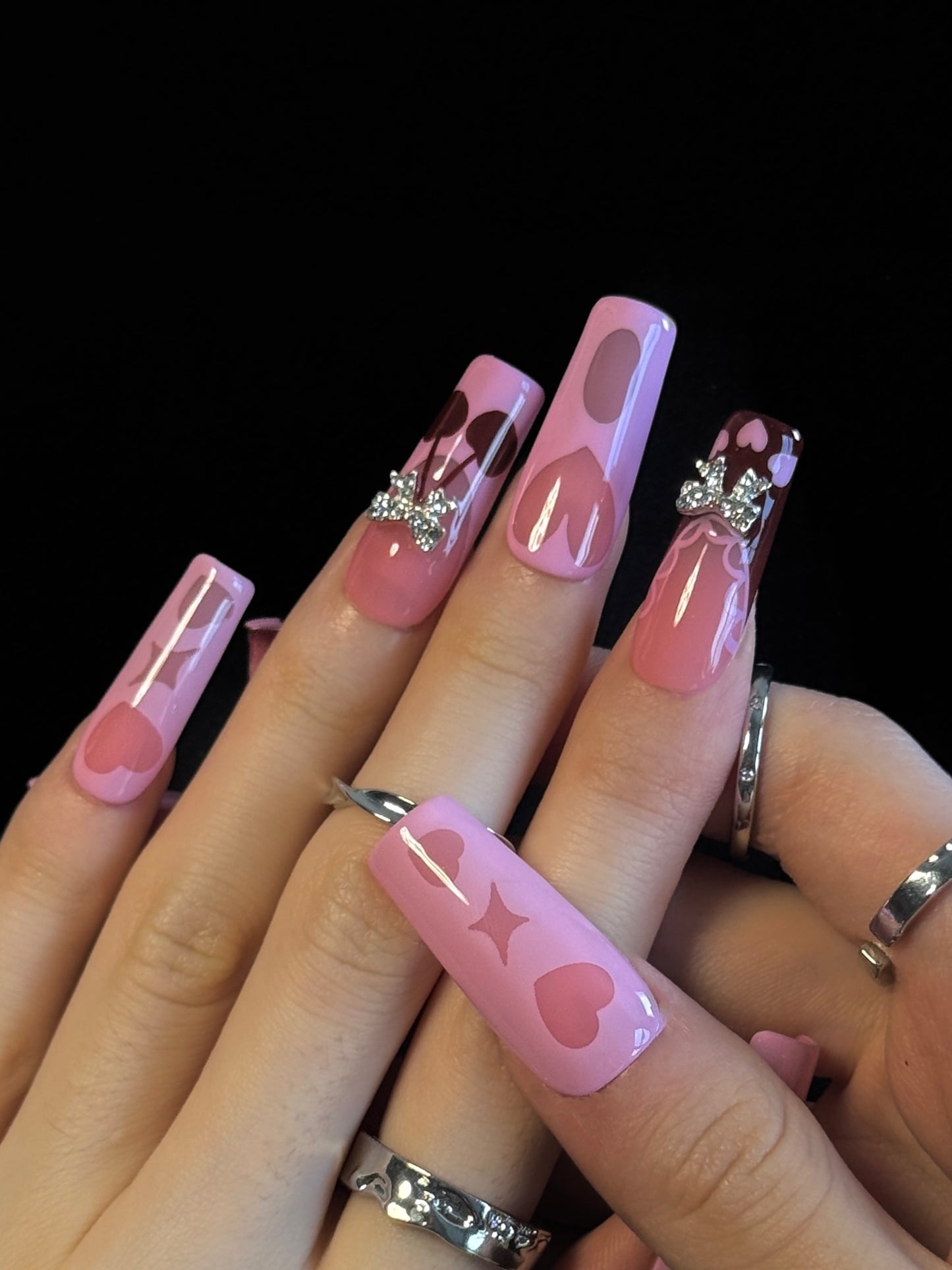 Lulou Bubble Pink Love Long Square Press On Nails Blush Hearts Handmade Acrylic 10PCS Trend 2025