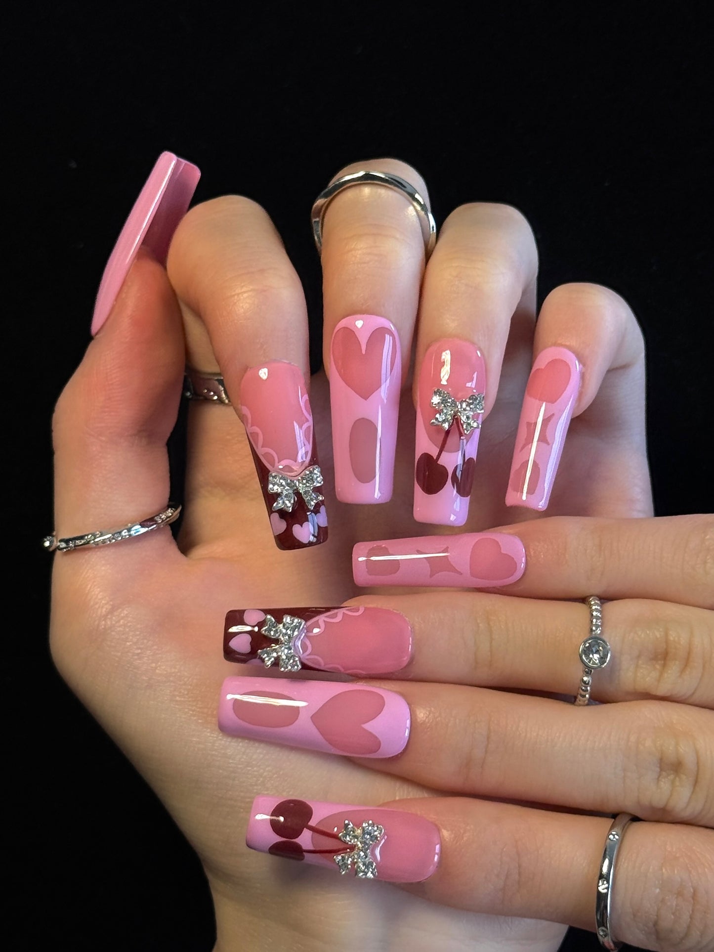 Lulou Bubble Pink Love Long Square Press On Nails Blush Hearts Handmade Acrylic 10PCS Trend 2025