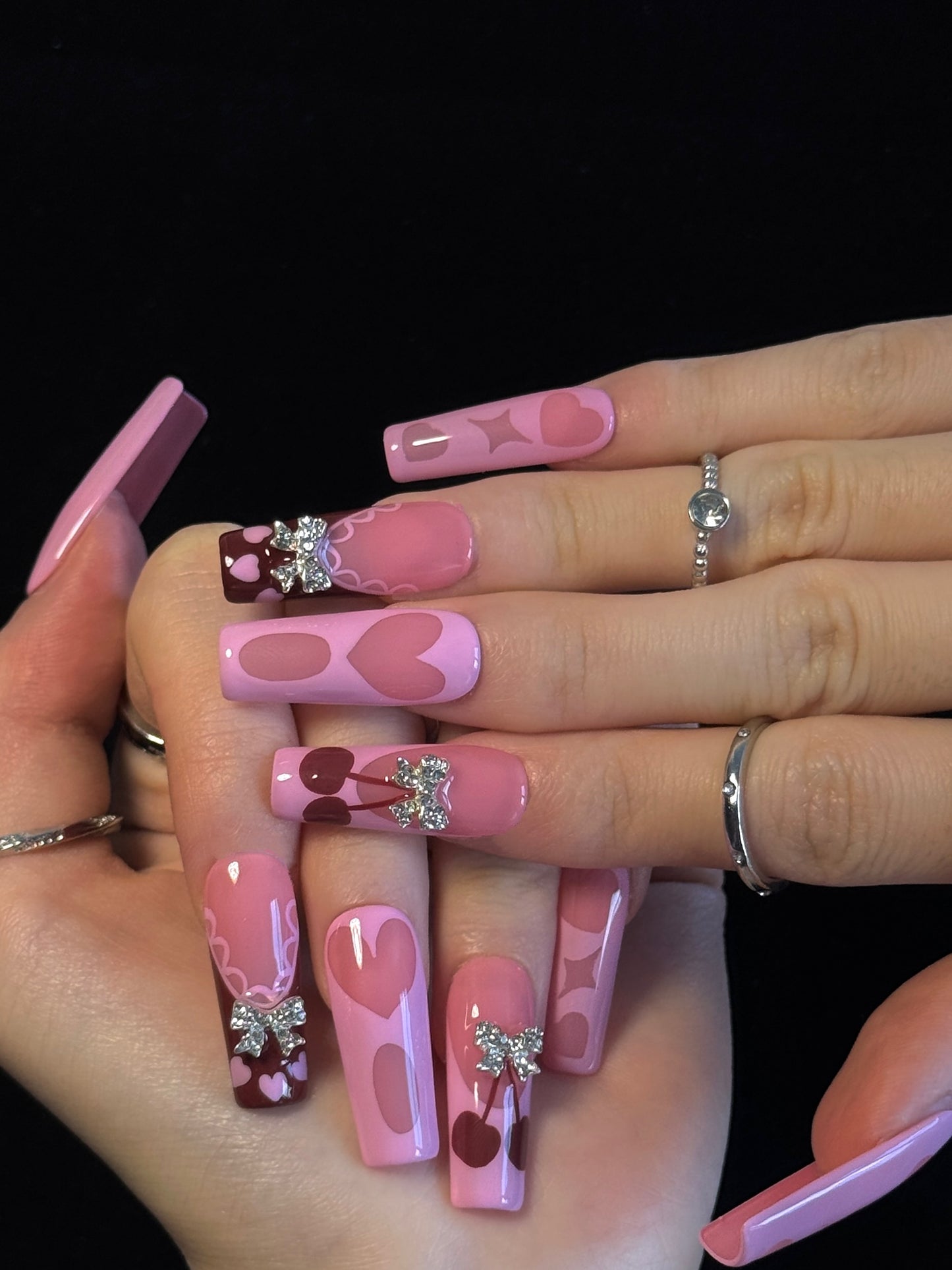 Lulou Bubble Pink Love Long Square Press On Nails Blush Hearts Handmade Acrylic 10PCS Trend 2025