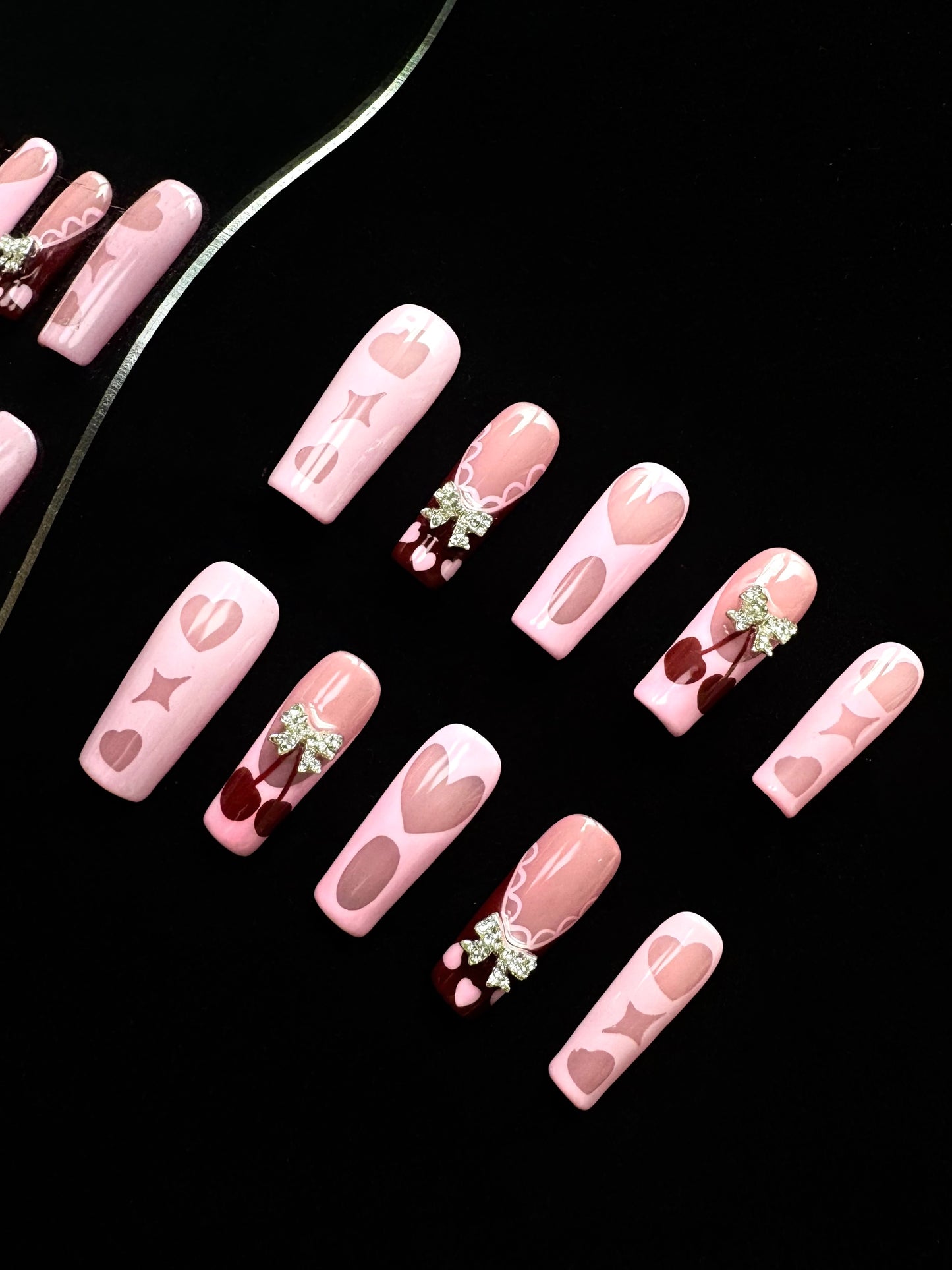 Lulou Bubble Pink Love Long Square Press On Nails Blush Hearts Handmade Acrylic 10PCS Trend 2025