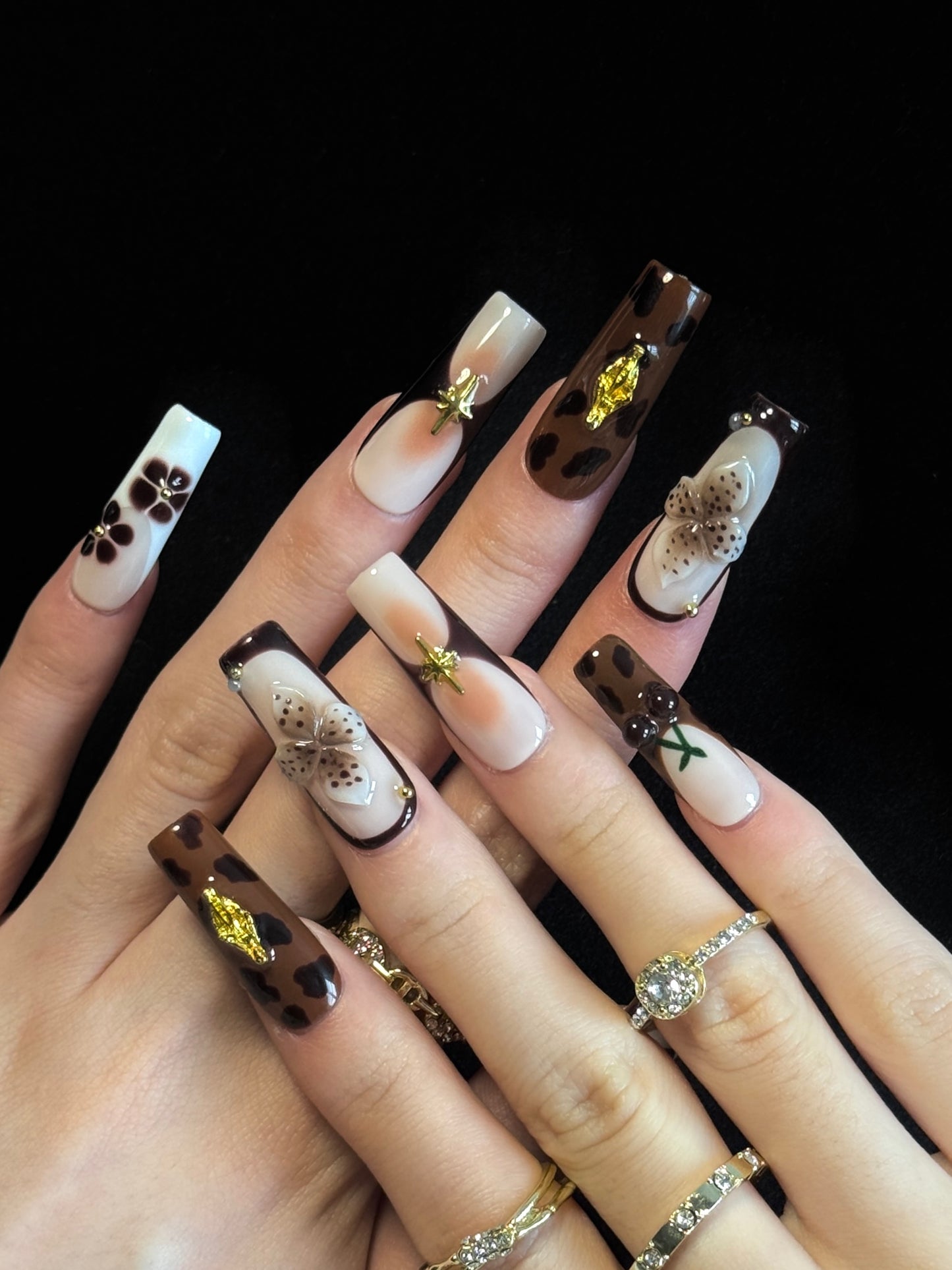 Lulou Bronze Luxe Autumn Long Square Press on Nails Rich Brown 10PCS REUSABLE Handmade Acrylic Fake Nails Metallic Trend 2025