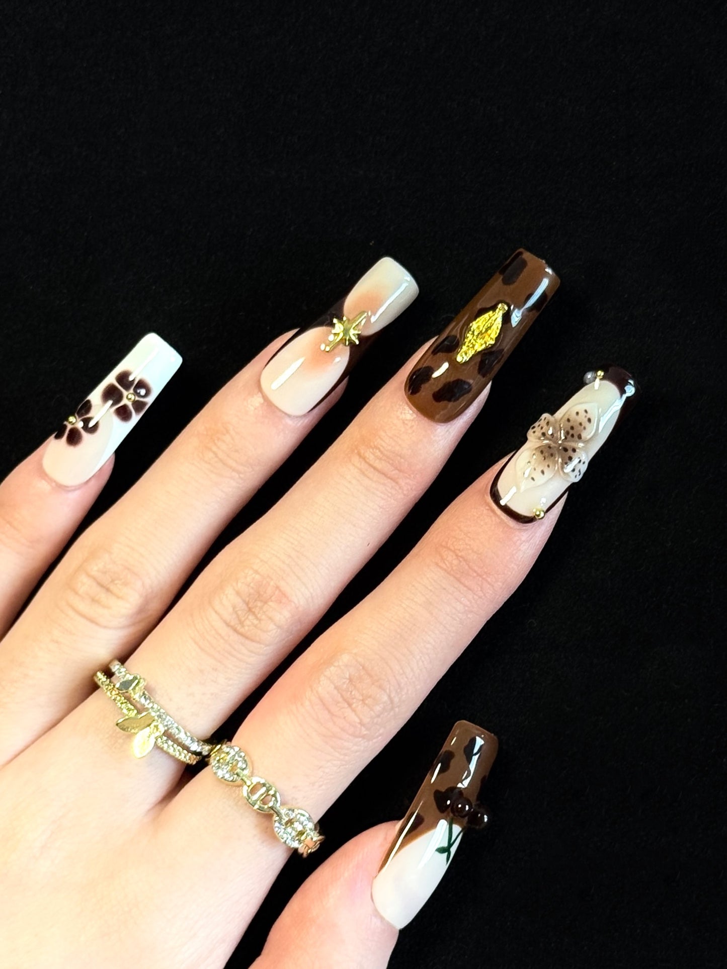 Lulou Bronze Luxe Autumn Long Square Press on Nails Rich Brown 10PCS REUSABLE Handmade Acrylic Fake Nails Metallic Trend 2025