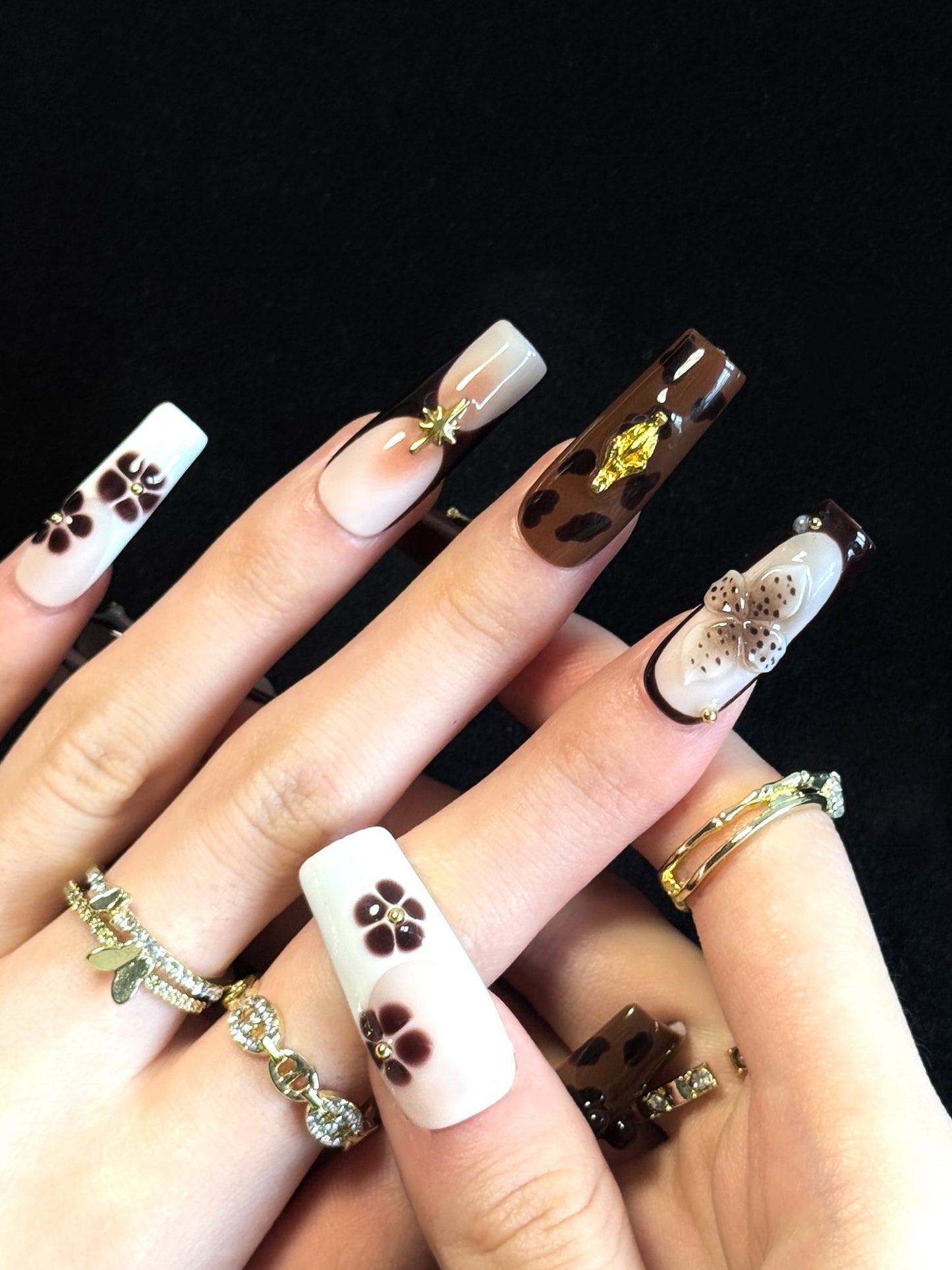 Lulou Bronze Luxe Autumn Long Square Press on Nails Rich Brown 10PCS REUSABLE Handmade Acrylic Fake Nails Metallic Trend 2025