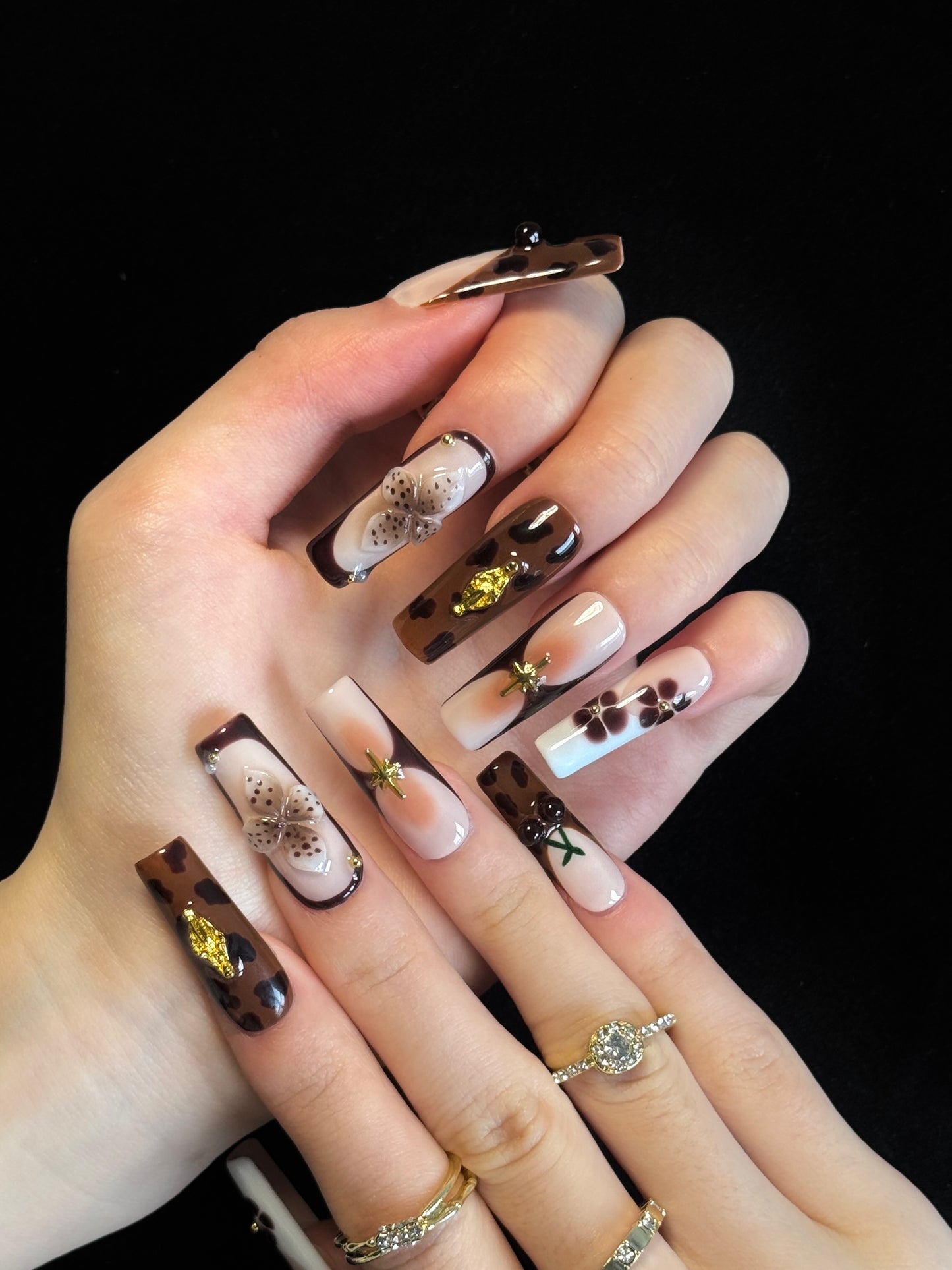 Lulou Bronze Luxe Autumn Long Square Press on Nails Rich Brown 10PCS REUSABLE Handmade Acrylic Fake Nails Metallic Trend 2025