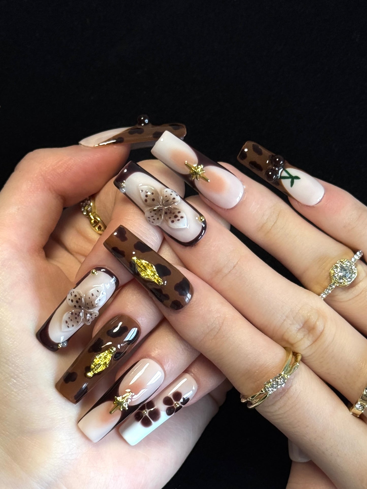 Lulou Bronze Luxe Autumn Long Square Press on Nails Rich Brown 10PCS REUSABLE Handmade Acrylic Fake Nails Metallic Trend 2025