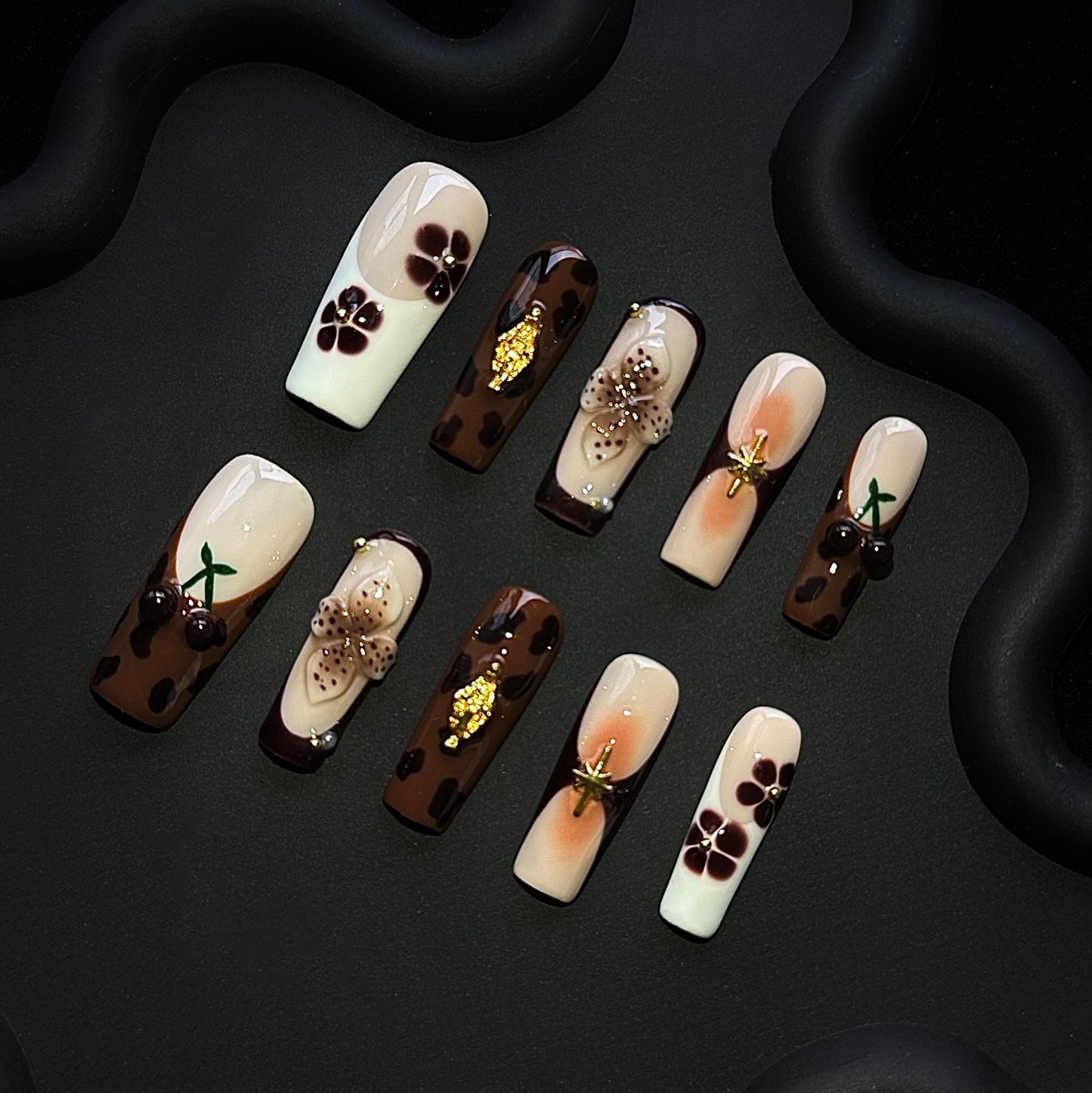 Lulou Bronze Luxe Autumn Long Square Press on Nails Rich Brown 10PCS REUSABLE Handmade Acrylic Fake Nails Metallic Trend 2025
