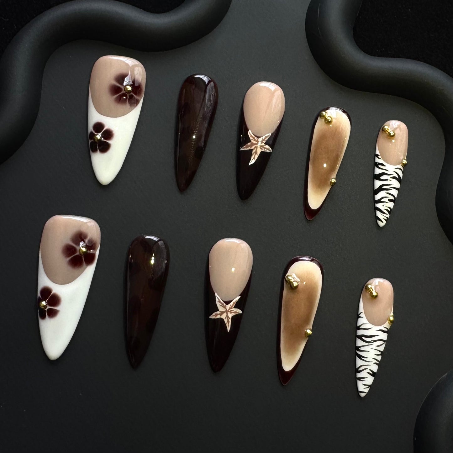 Lulou Amber Glow Fall Long Almond Stiletto Press on Nails Creamy White Brown 10PCS REUSABLE Handmade Acrylic Fake Nails Warm Shine Trend 2025