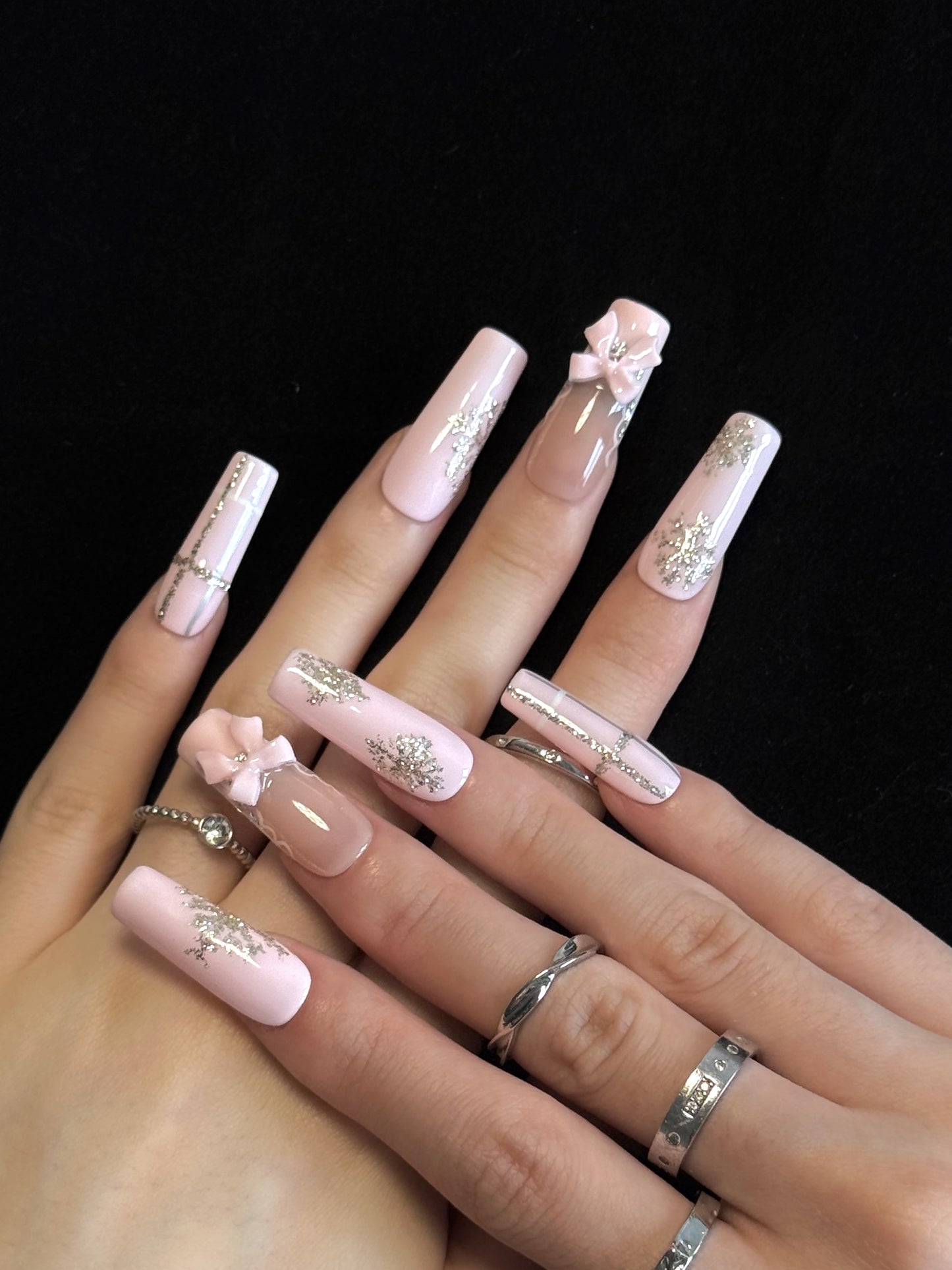 Lulou Blush Bow Ballerina Press on Nails Pink Glitter Bows 10PCS REUSABLE Handmade Acrylic Fake Nails 3D Charm Trend 2025