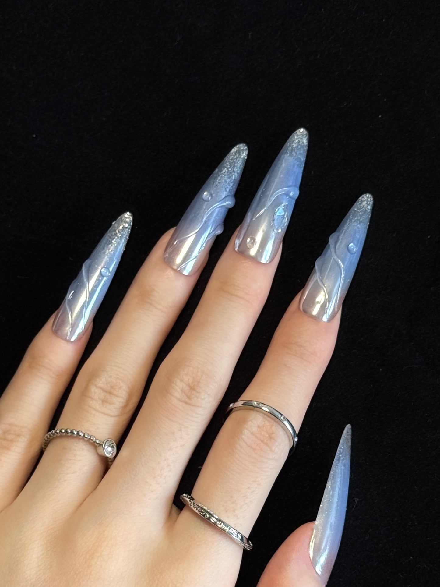 Lulou Ice Queen Extra Long Stiletto Press on Nails Metallic Violet 10PCS REUSABLE Handmade Acrylic Fake Nails Frosted Shine Trend 2025
