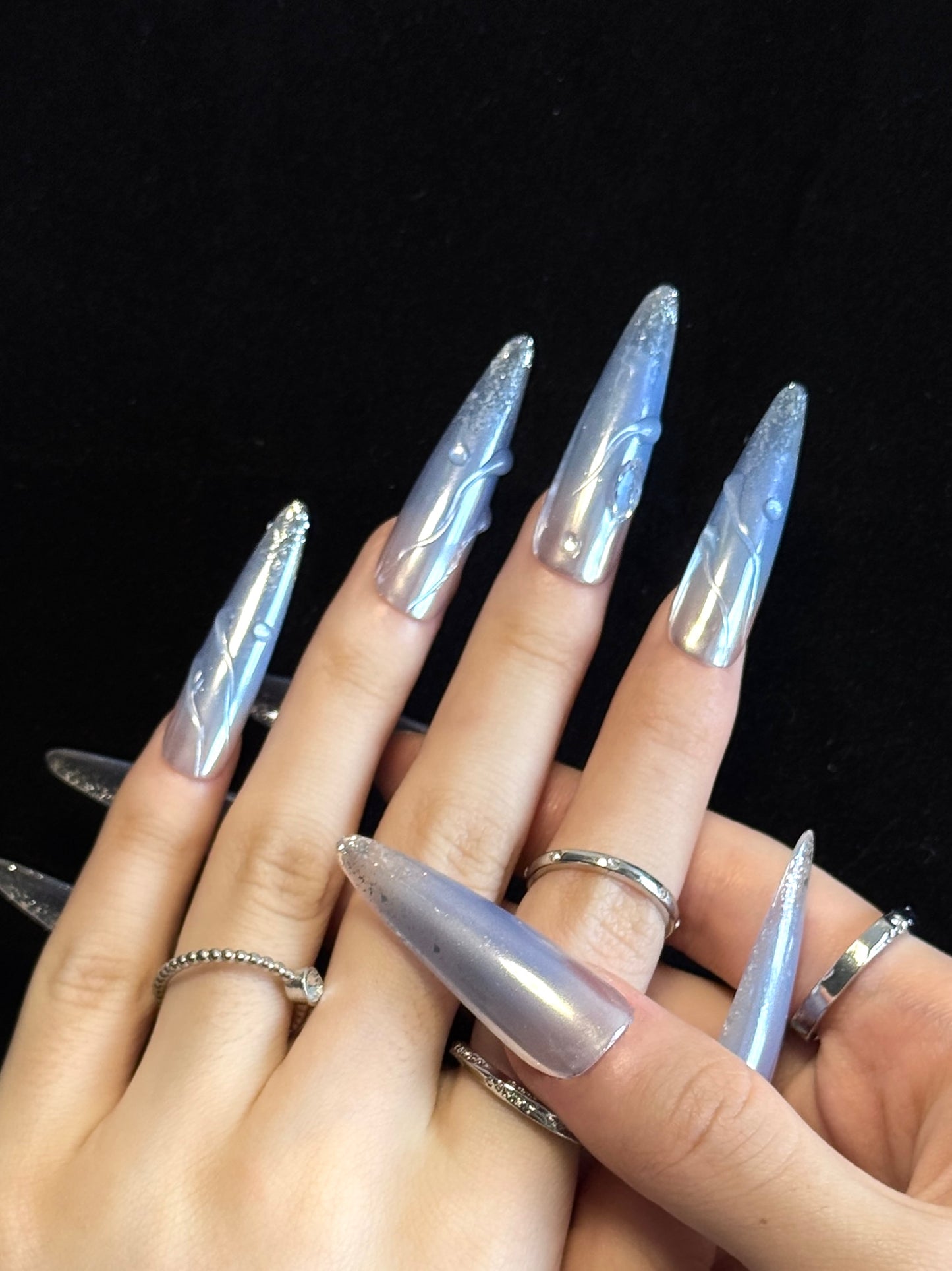 Lulou Ice Queen Extra Long Stiletto Press on Nails Metallic Violet 10PCS REUSABLE Handmade Acrylic Fake Nails Frosted Shine Trend 2025