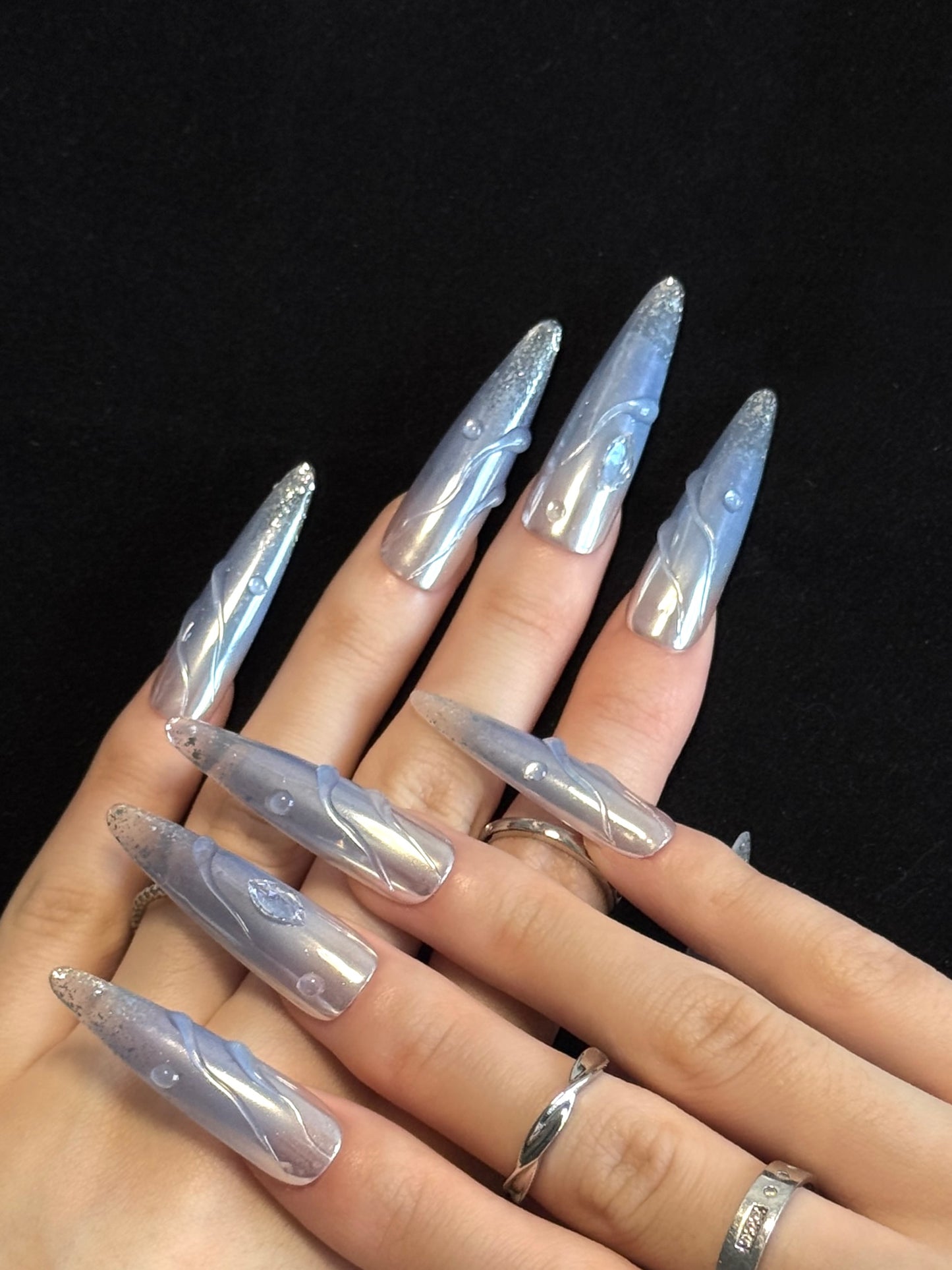Lulou Ice Queen Extra Long Stiletto Press on Nails Metallic Violet 10PCS REUSABLE Handmade Acrylic Fake Nails Frosted Shine Trend 2025