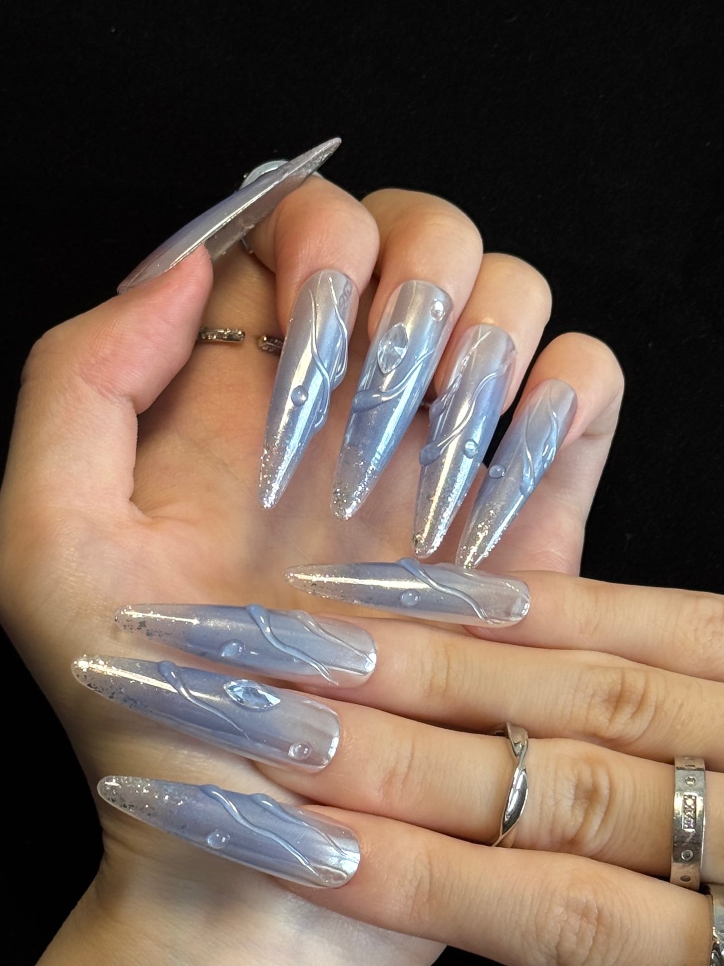 Lulou Ice Queen Extra Long Stiletto Press on Nails Metallic Violet 10PCS REUSABLE Handmade Acrylic Fake Nails Frosted Shine Trend 2025