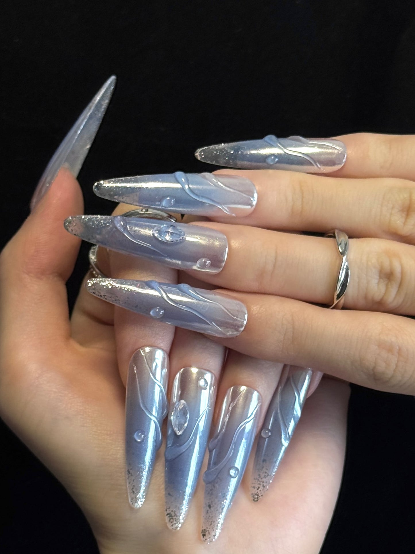 Lulou Ice Queen Extra Long Stiletto Press on Nails Metallic Violet 10PCS REUSABLE Handmade Acrylic Fake Nails Frosted Shine Trend 2025