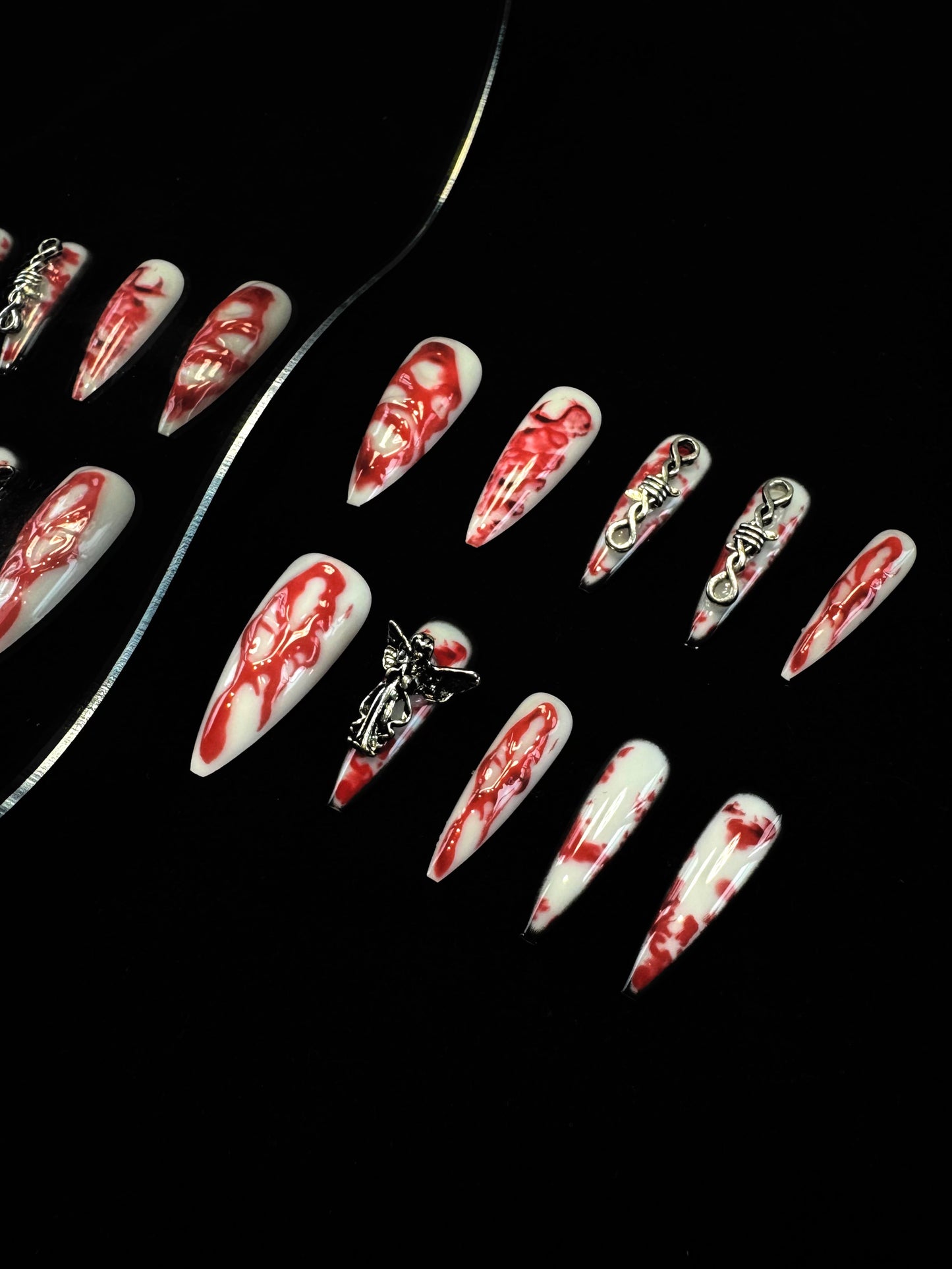 Lulou Blood Ritual Extra Long Stiletto Press on Nails Red White Marble 24PCS REUSABLE Acrylic Fake Nails Blood Drip Hand Painted Silver Foil Halloween Trend 2025