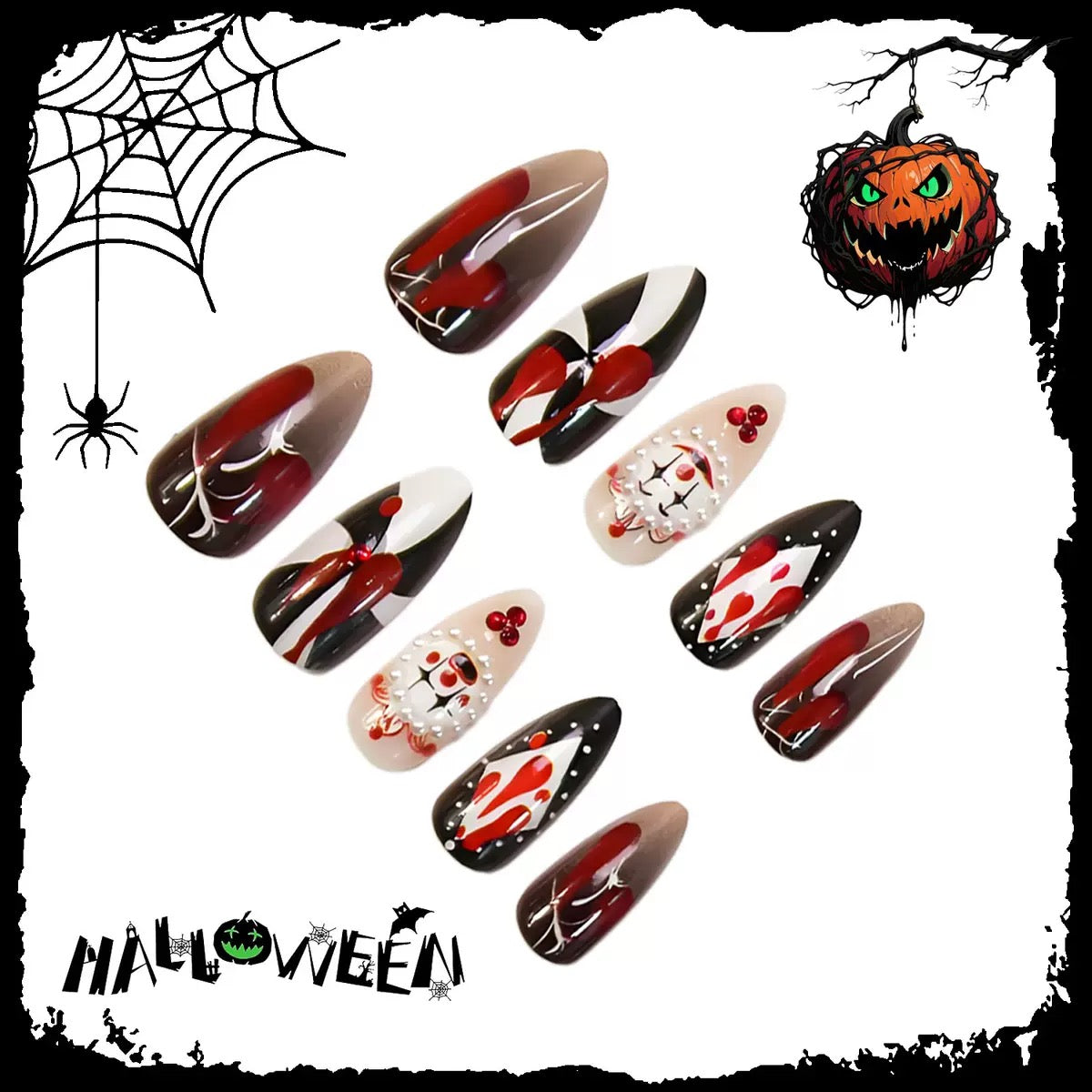 Lulou Bloody Masquerade Short Stiletto Press on Nails Red Black Glitter 24PCS REUSABLE Acrylic Fake Nails 3D Mask Halloween Trend 2025