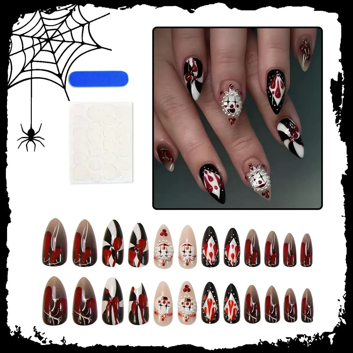 Lulou Bloody Masquerade Short Stiletto Press on Nails Red Black Glitter 24PCS REUSABLE Acrylic Fake Nails 3D Mask Halloween Trend 2025