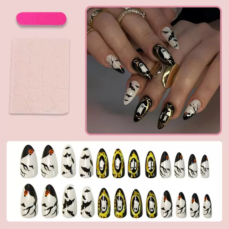 Lulou Haunted Glam Short Almond Oval Press on Nails Black White Glitter 24PCS REUSABLE Acrylic Fake Nails Hand Painted Bat Ghost Halloween Trend 2025