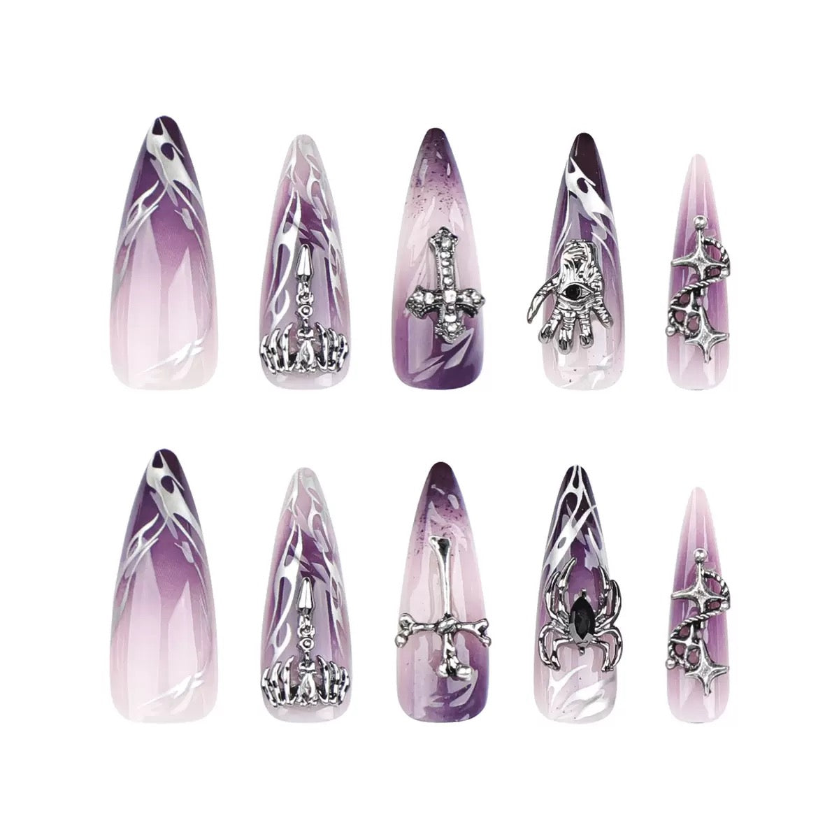 Lulou Witching Hour Glaws Long Pointed Press on Nails Dark Red Black Glow 24PCS REUSABLE Acrylic Fake Nails Silver Black 3D Halloween Charms Halloween Trend 2025