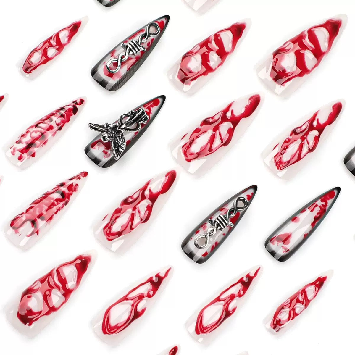 Lulou Blood Ritual Extra Long Stiletto Press on Nails Red White Marble 24PCS REUSABLE Acrylic Fake Nails Blood Drip Hand Painted Silver Foil Halloween Trend 2025