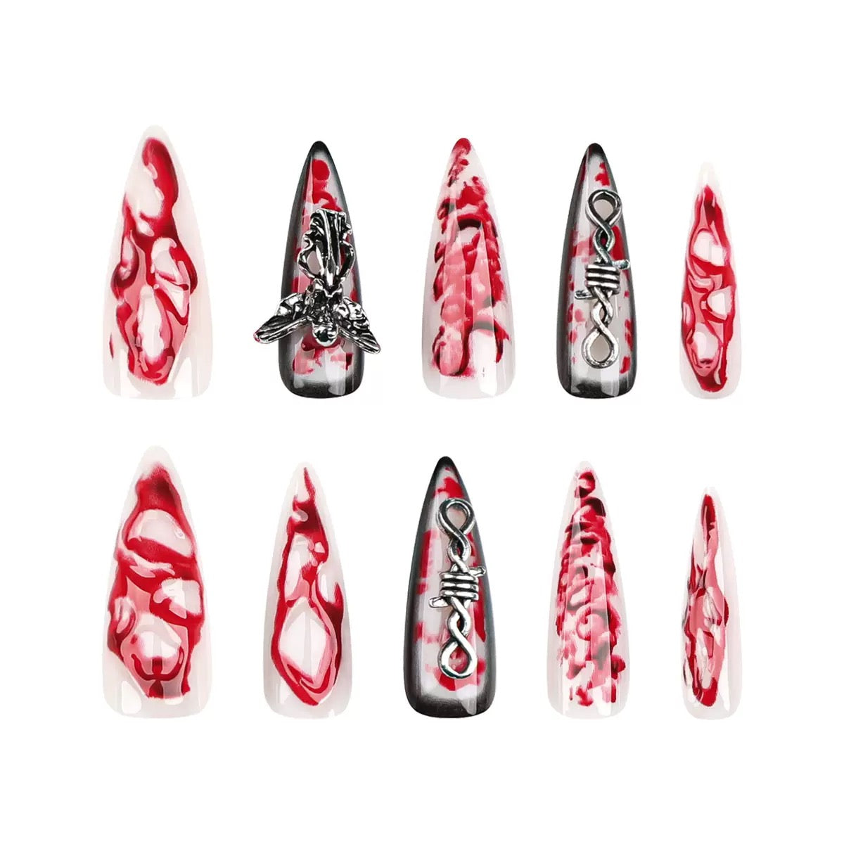 Lulou Blood Ritual Extra Long Stiletto Press on Nails Red White Marble 24PCS REUSABLE Acrylic Fake Nails Blood Drip Hand Painted Silver Foil Halloween Trend 2025